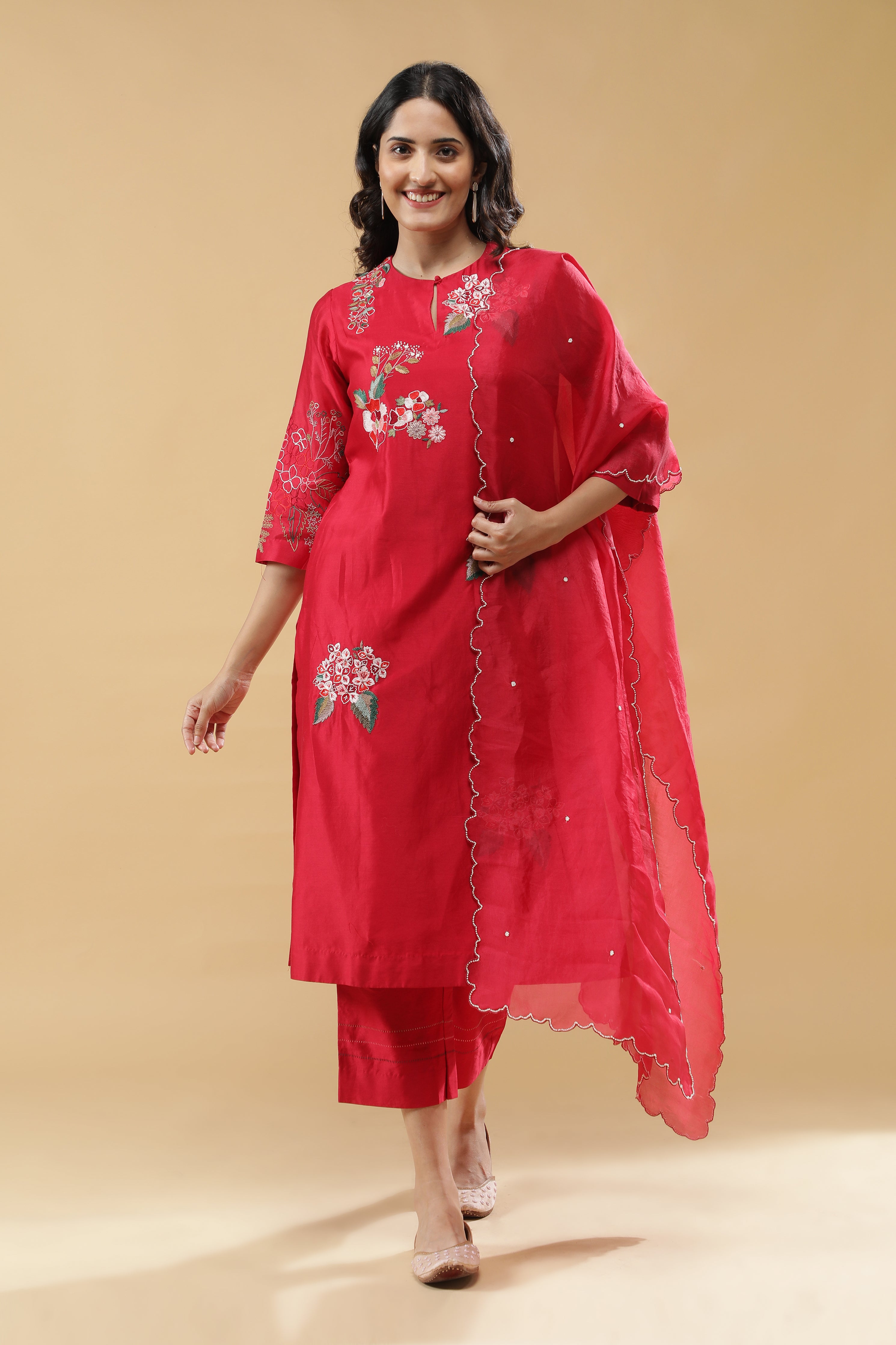 Cherry Red Cotton Floral Embroidered Salwar Set