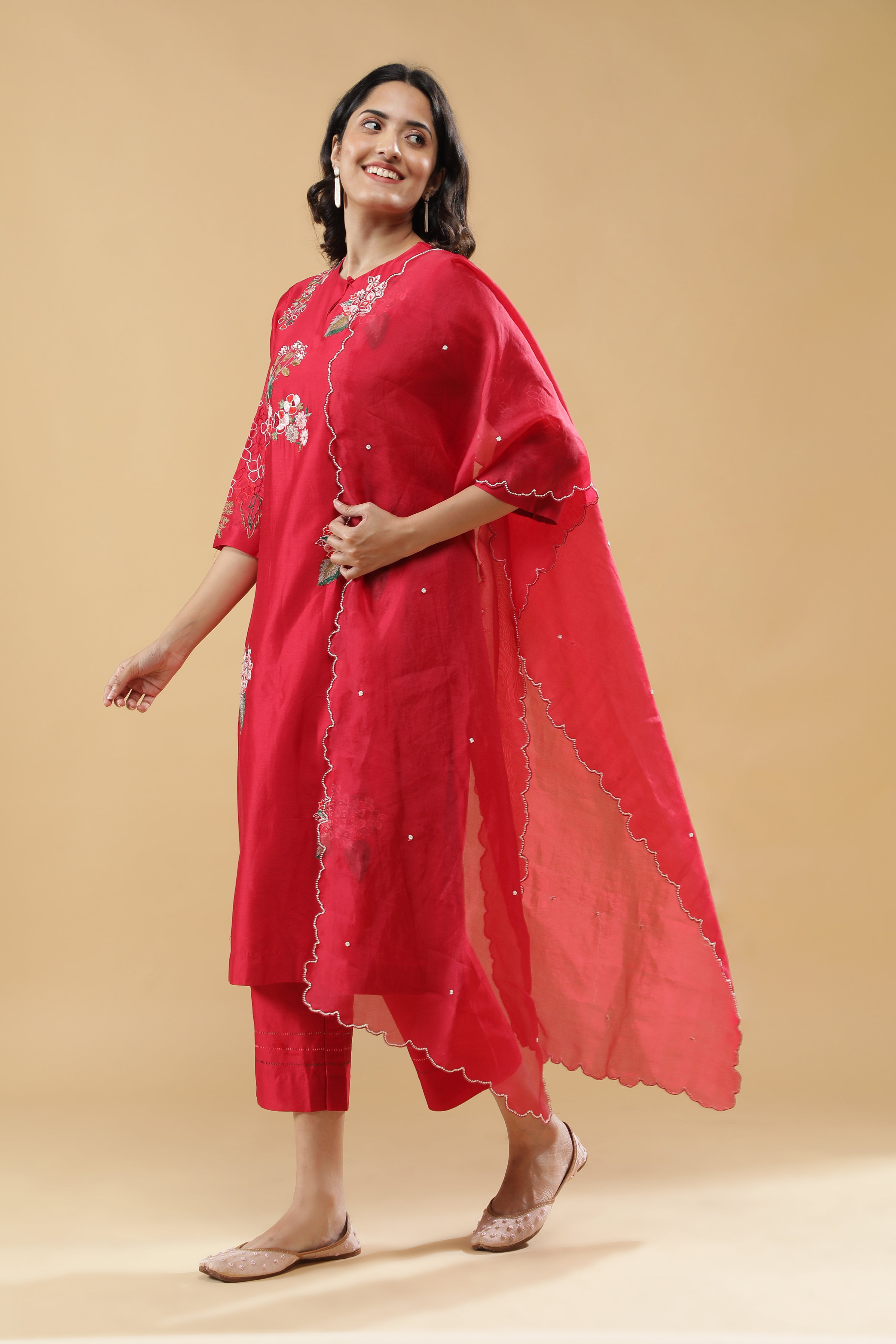 Cherry Red Cotton Floral Embroidered Salwar Set