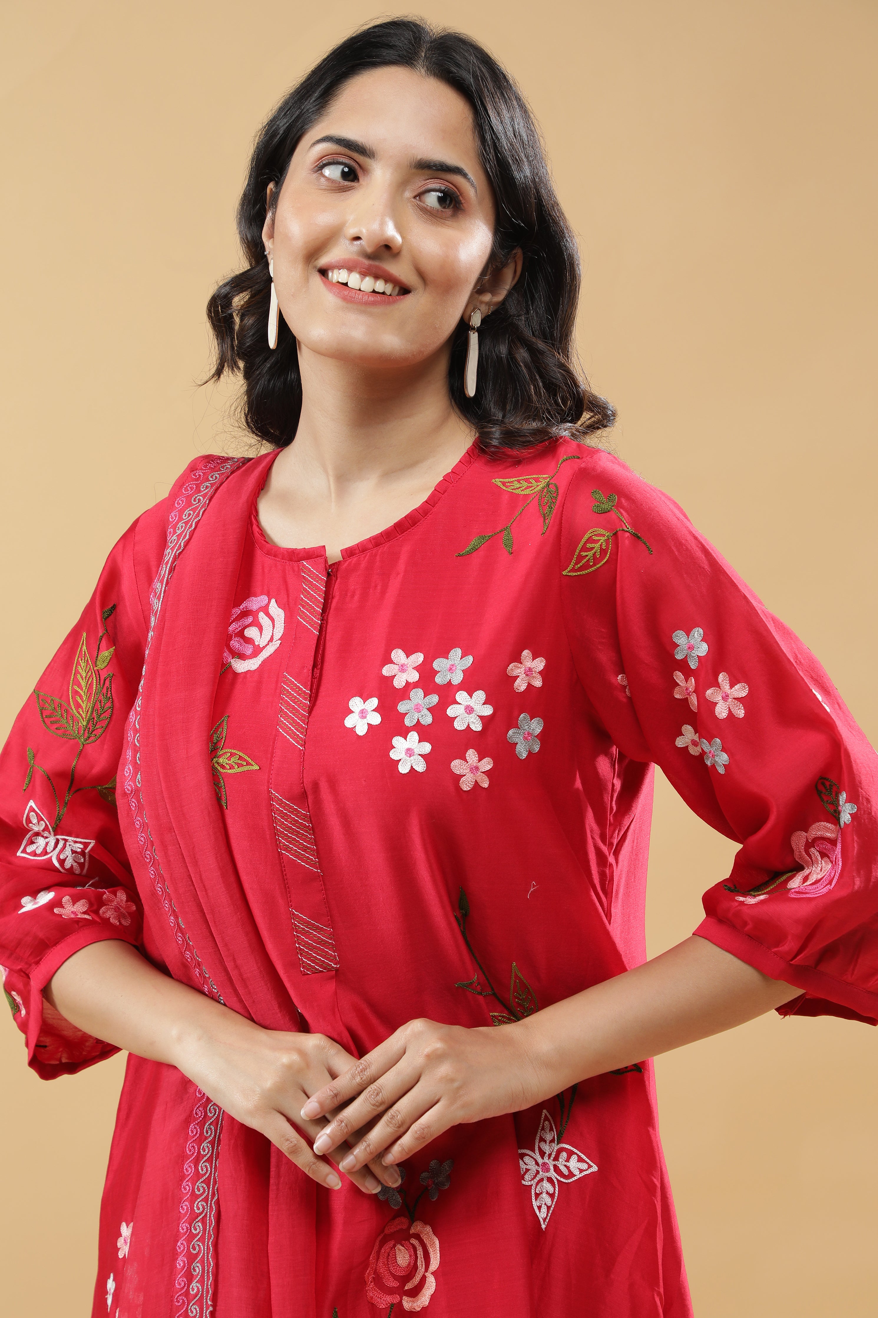 Crimson Red A-Line Cotton Suit Set