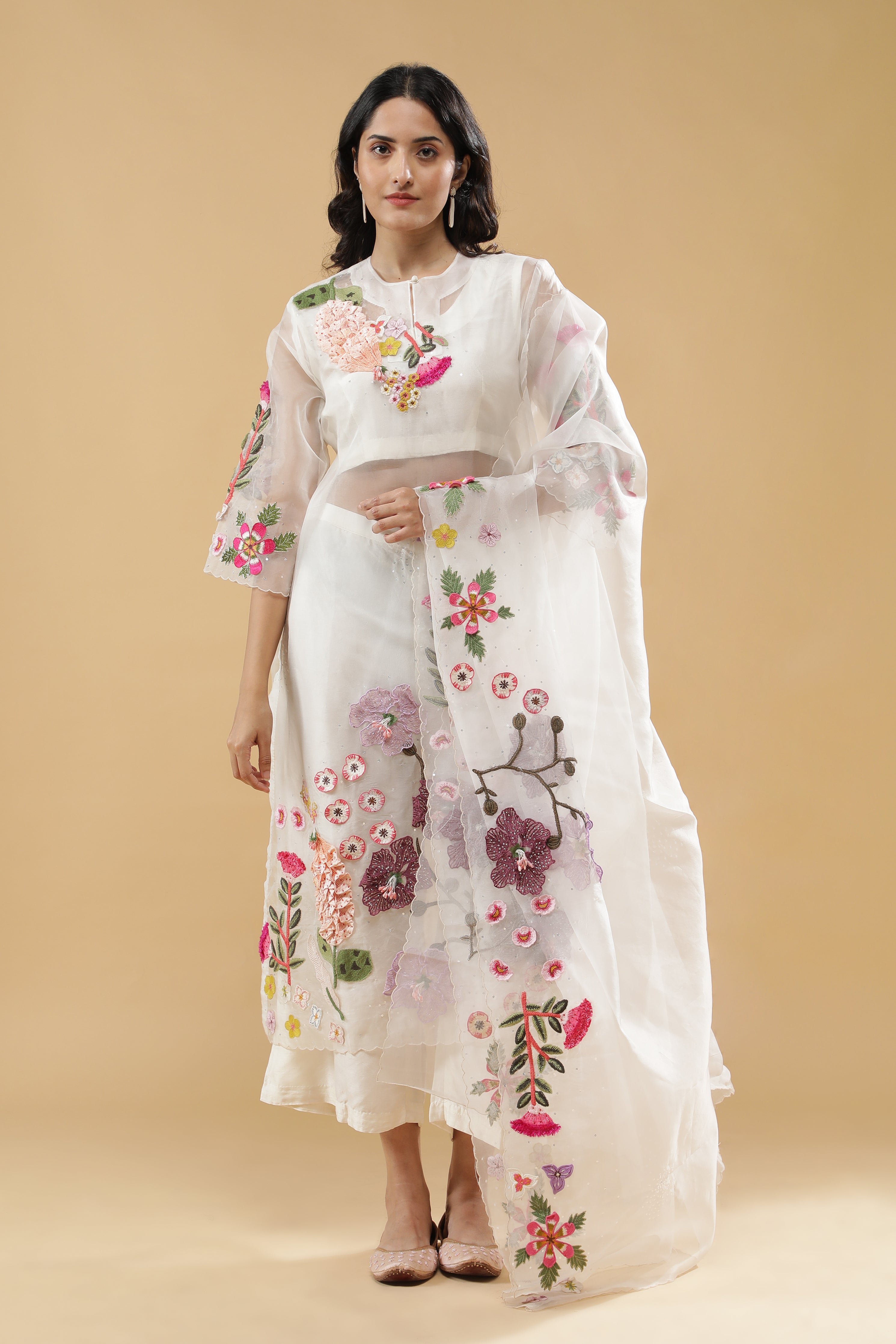 Ivory Organza Floral Embroidered Suit Set
