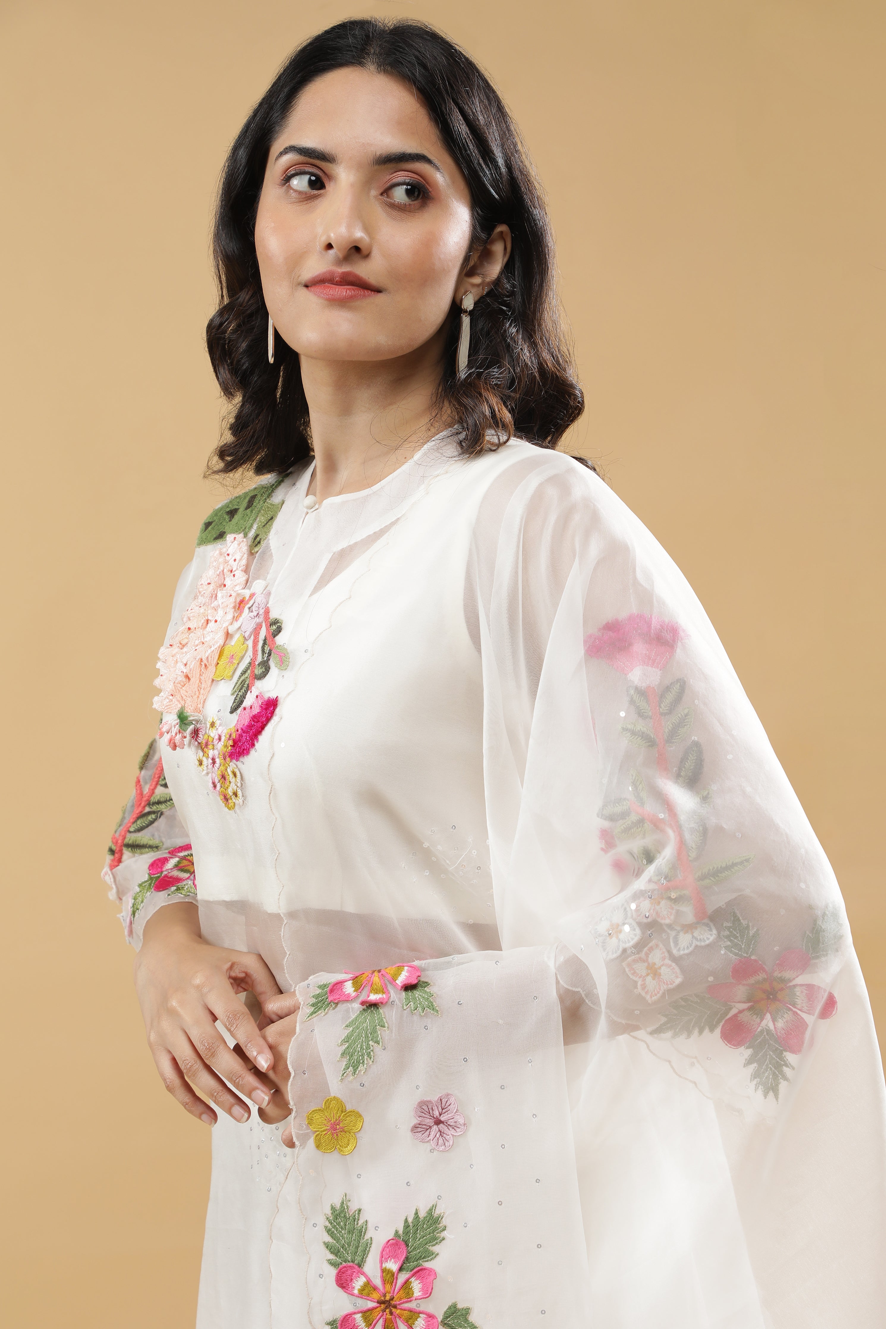 Ivory Organza Floral Embroidered Suit Set