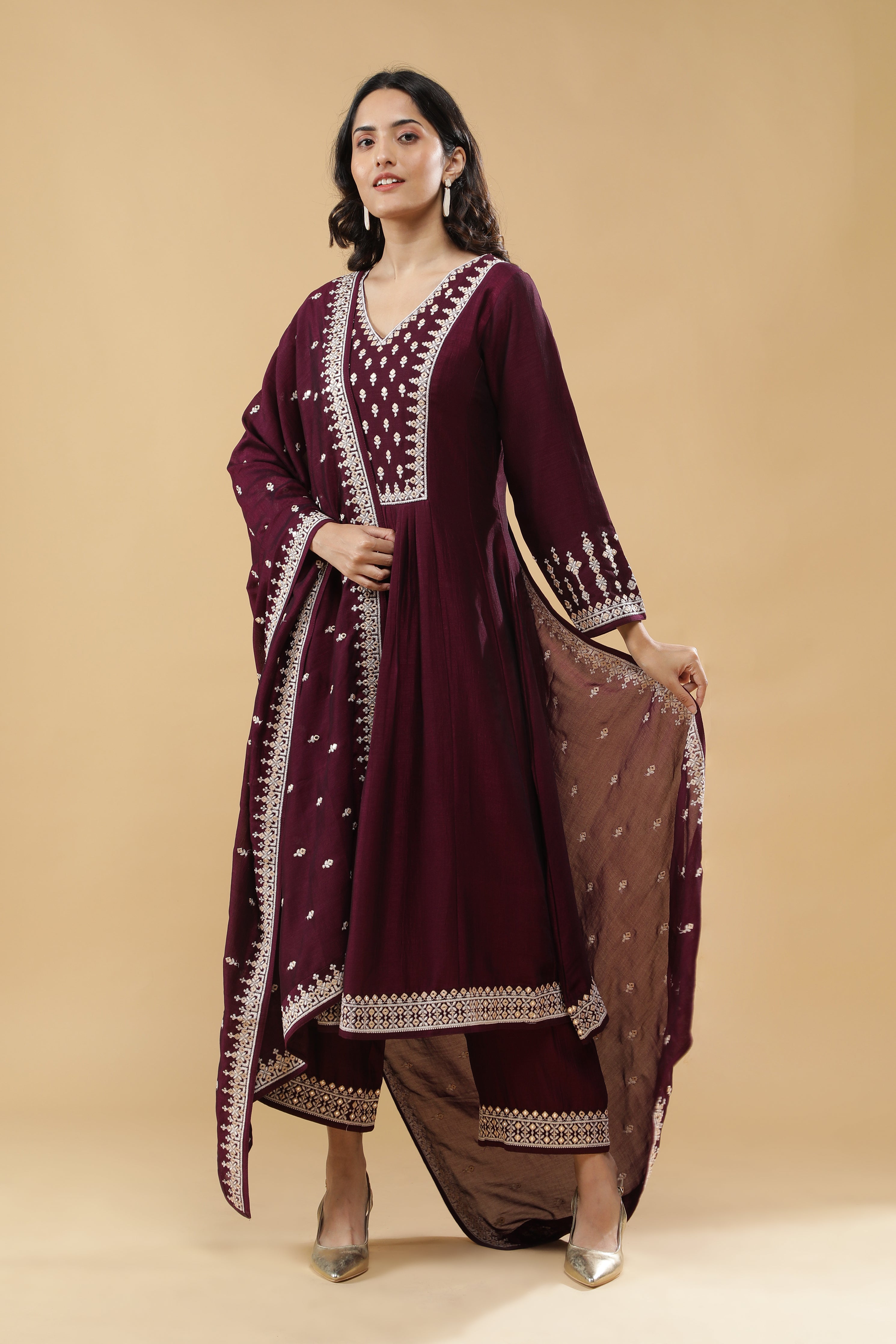 Wine Silk Kurta Set