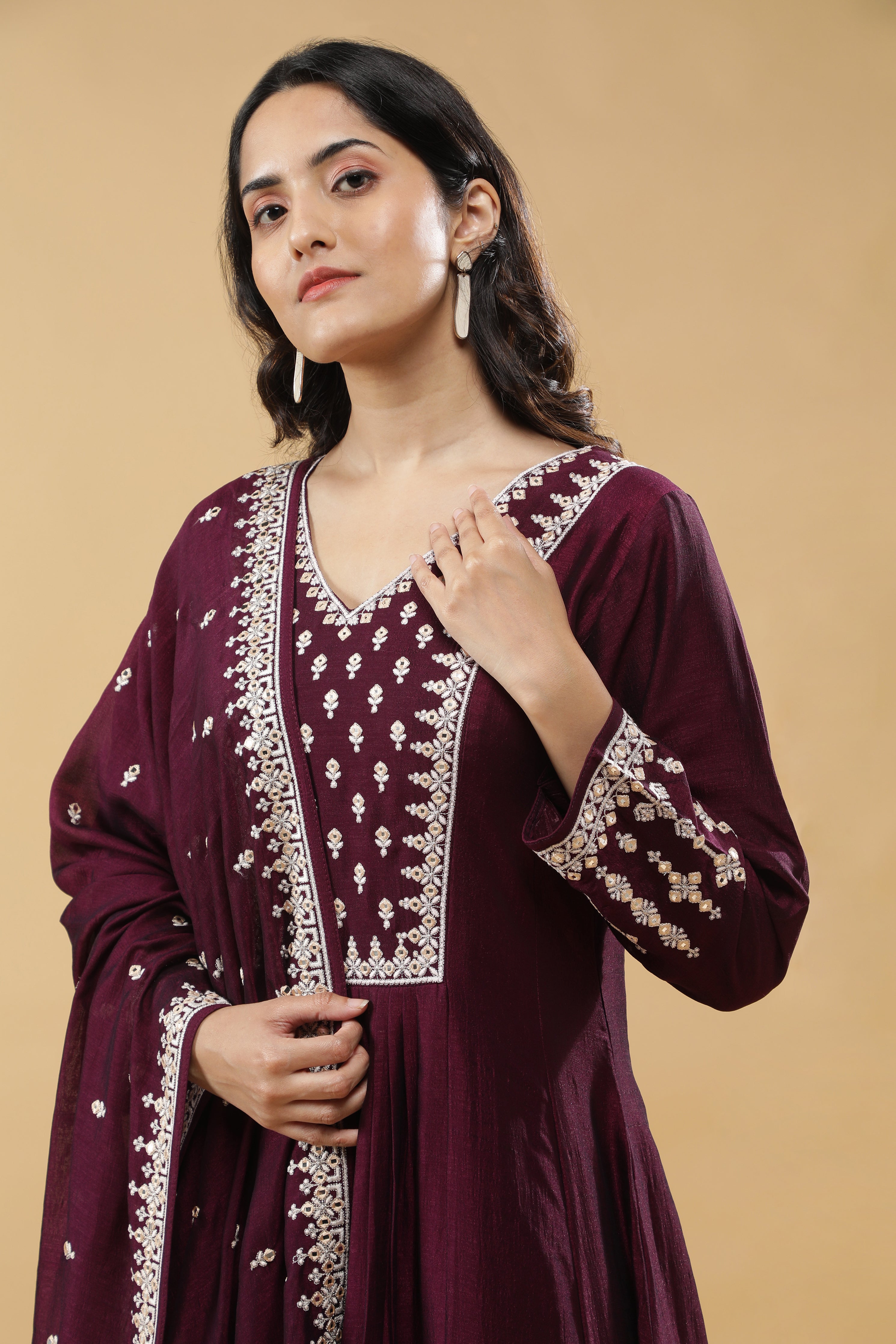 Wine Silk Kurta Set