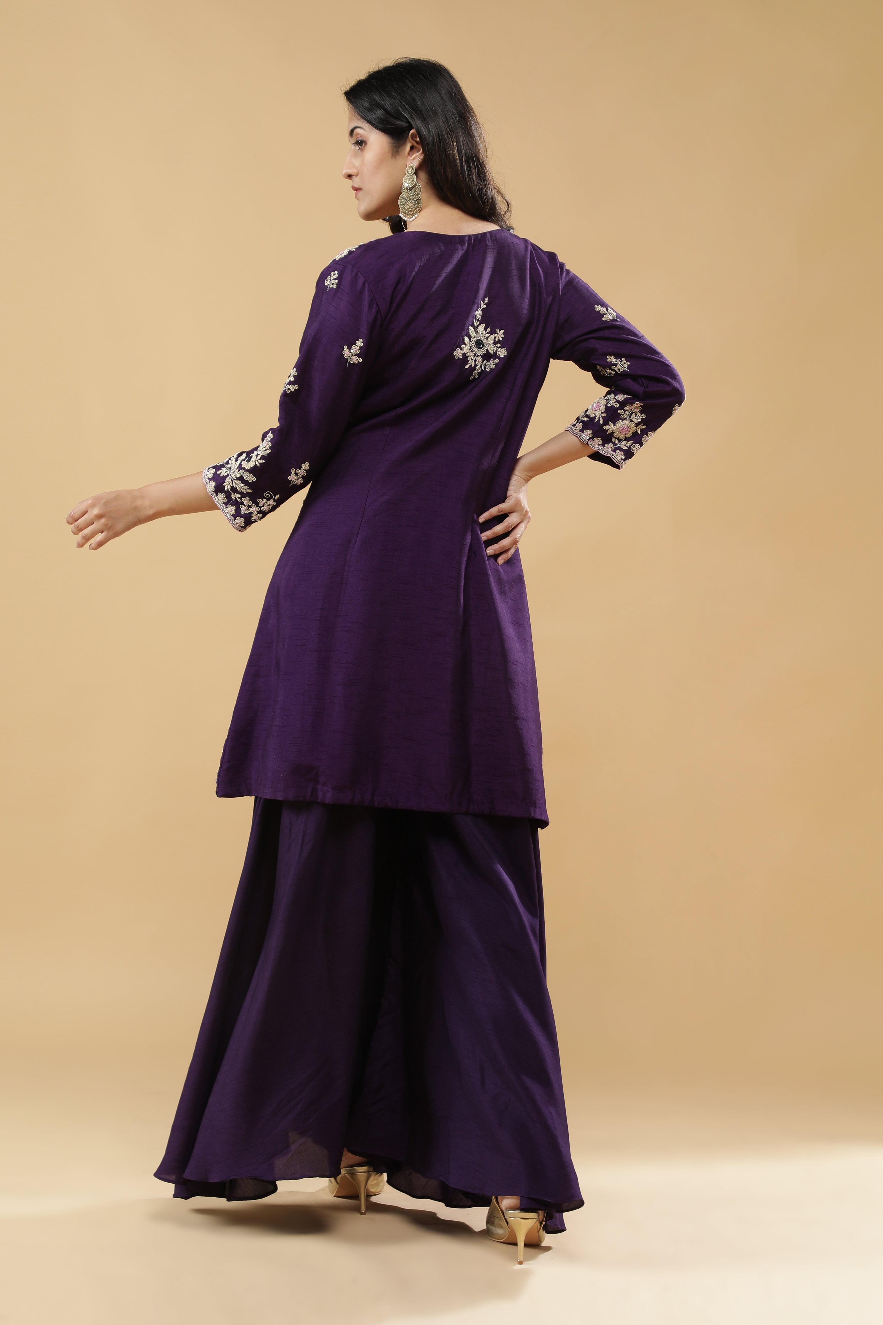 Purple Peacock Embroidered Jacket Set
