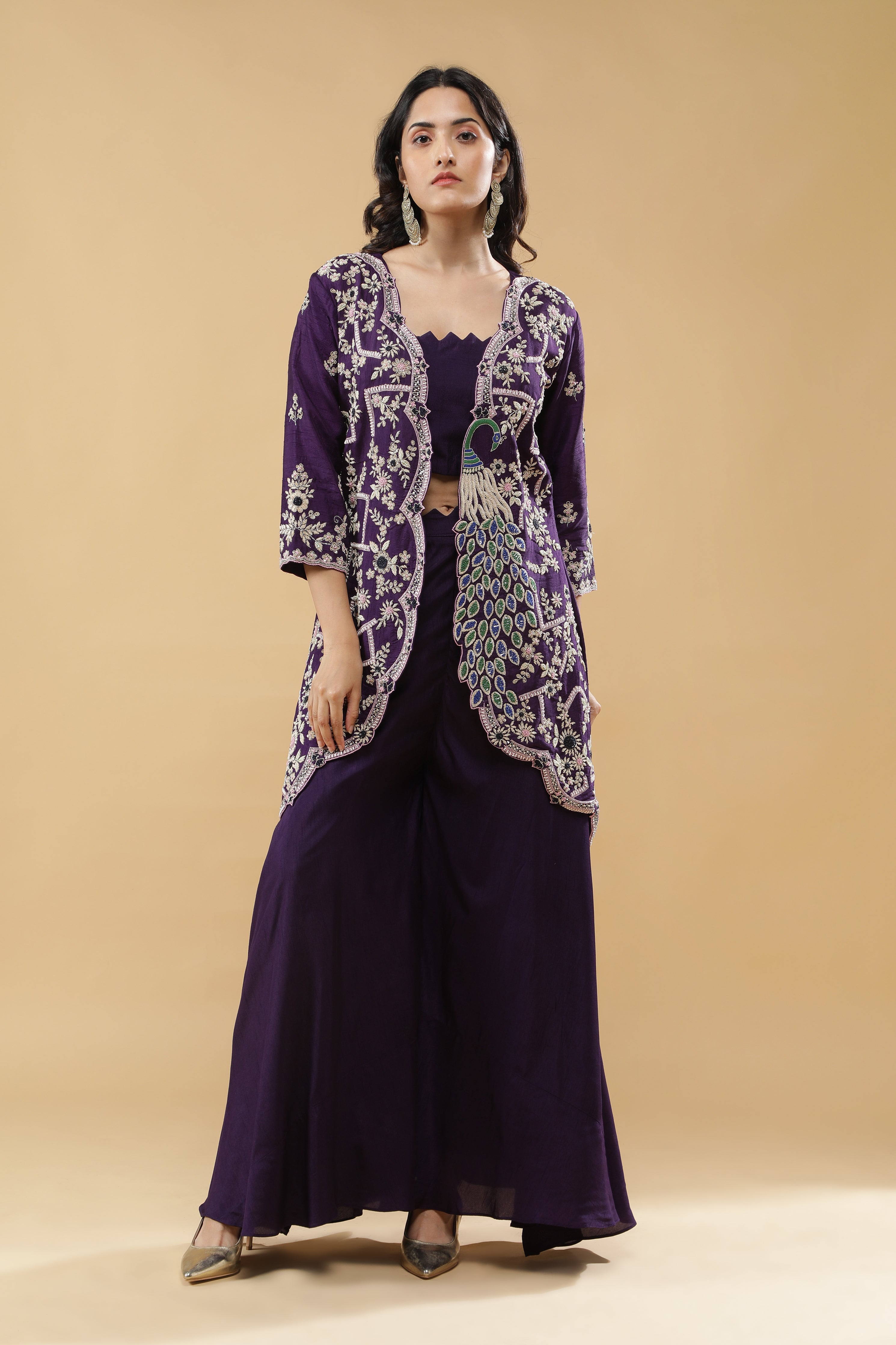 Purple Peacock Embroidered Jacket Set