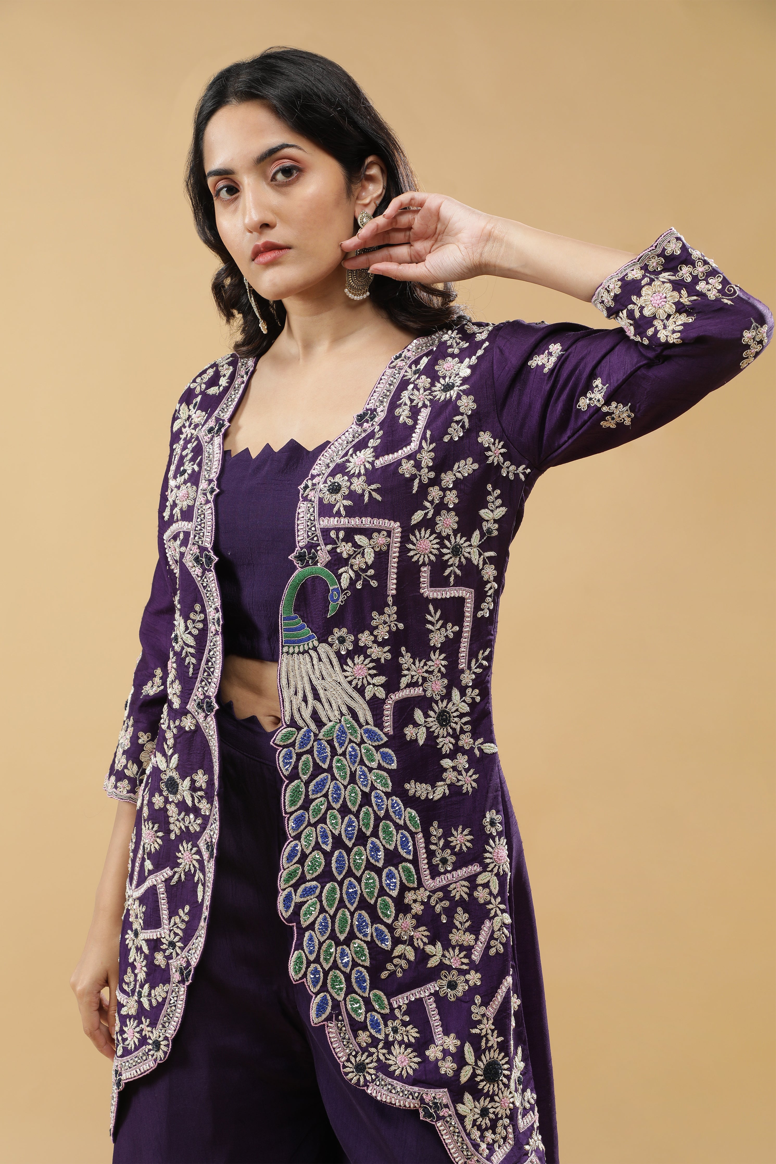 Purple Peacock Embroidered Jacket Set