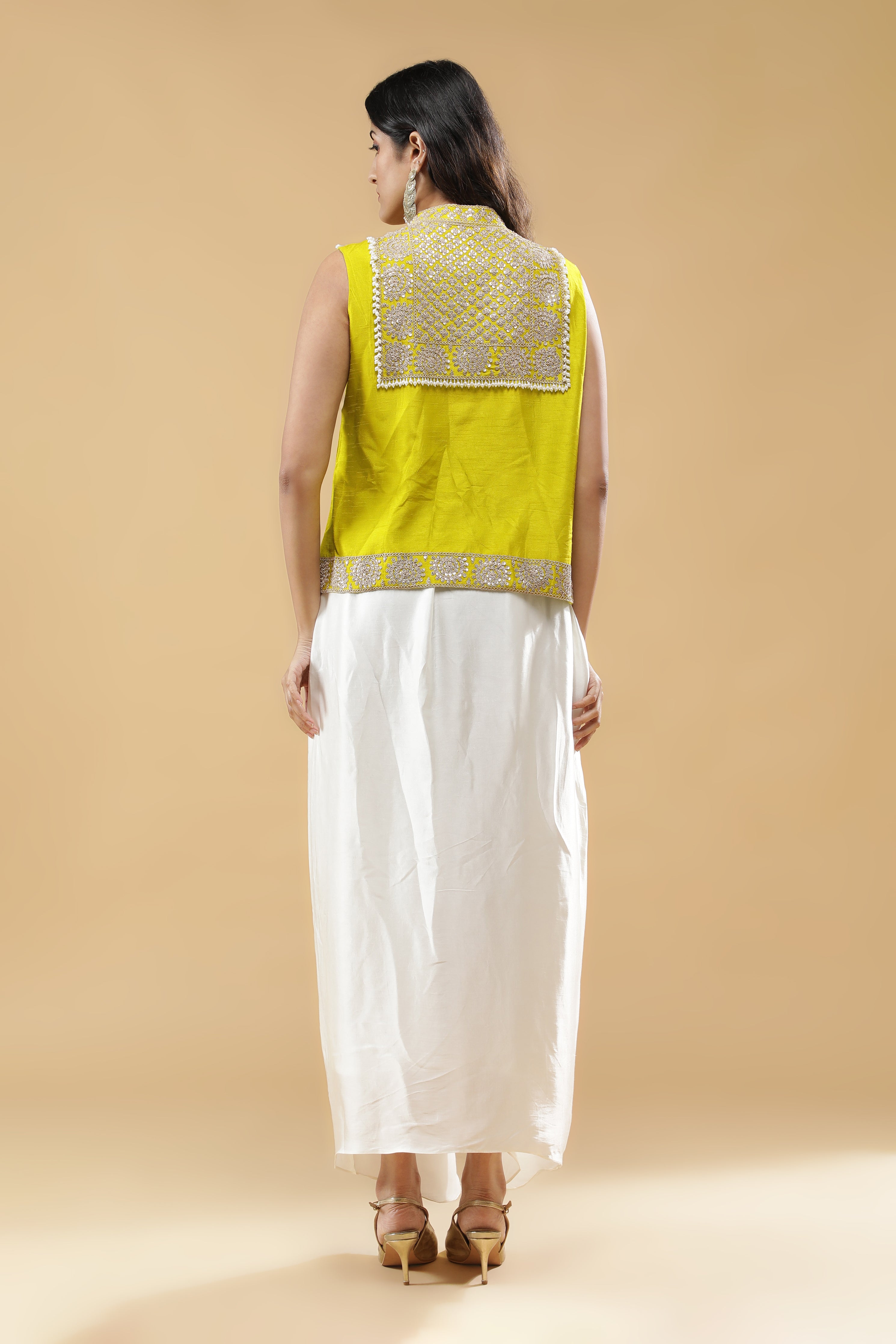 Lime Green Silk Embroidered Top with Off White Drape Skirt