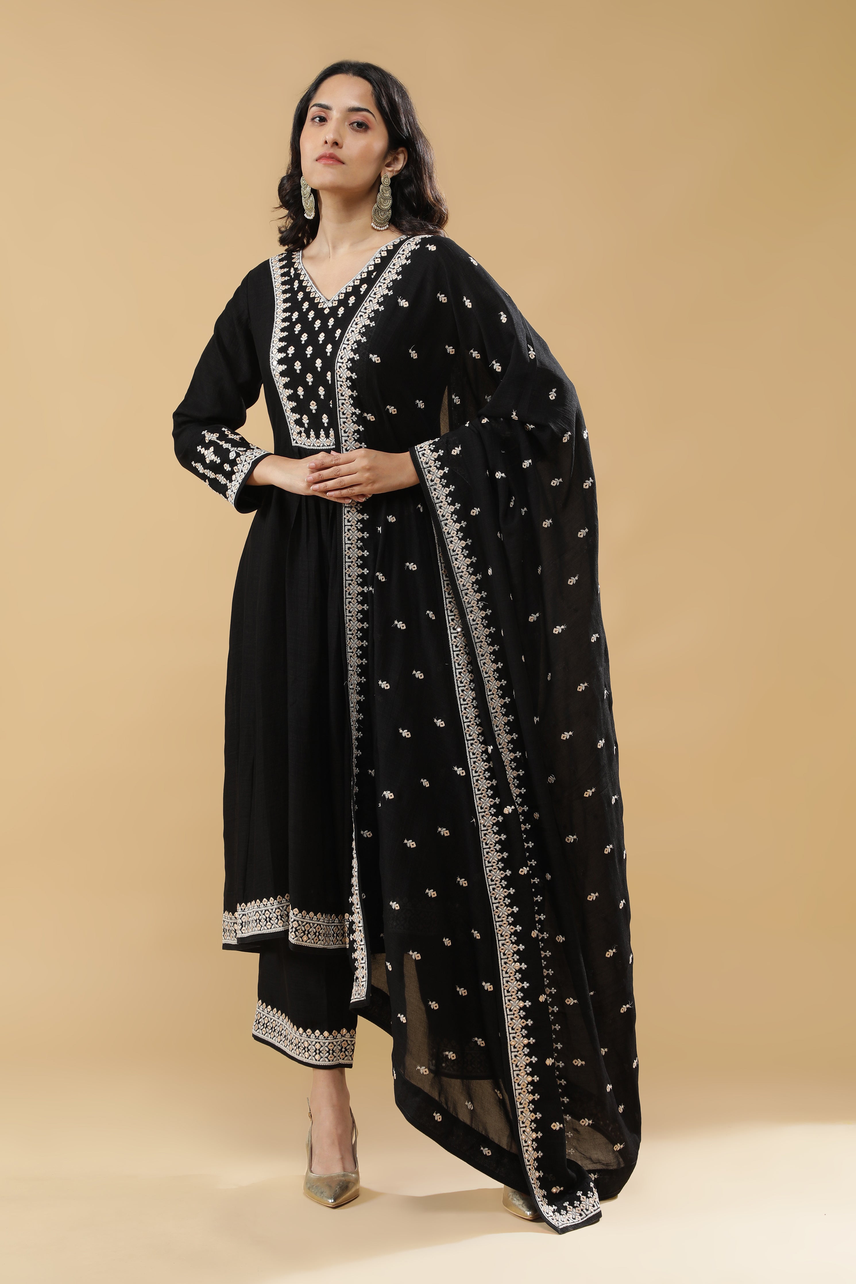Black Silk Anarkali Set