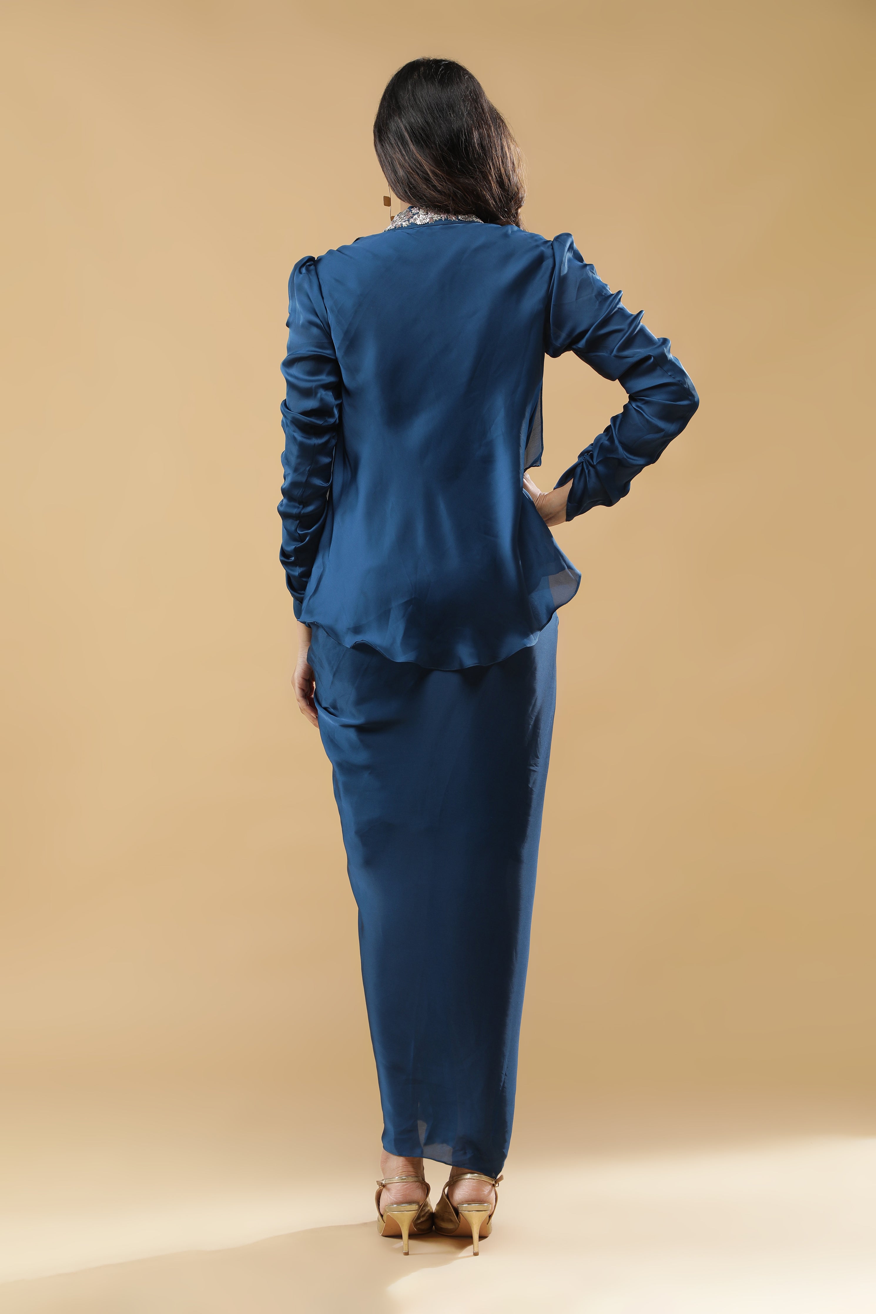 Blue Satin Silk Indo-Western Set