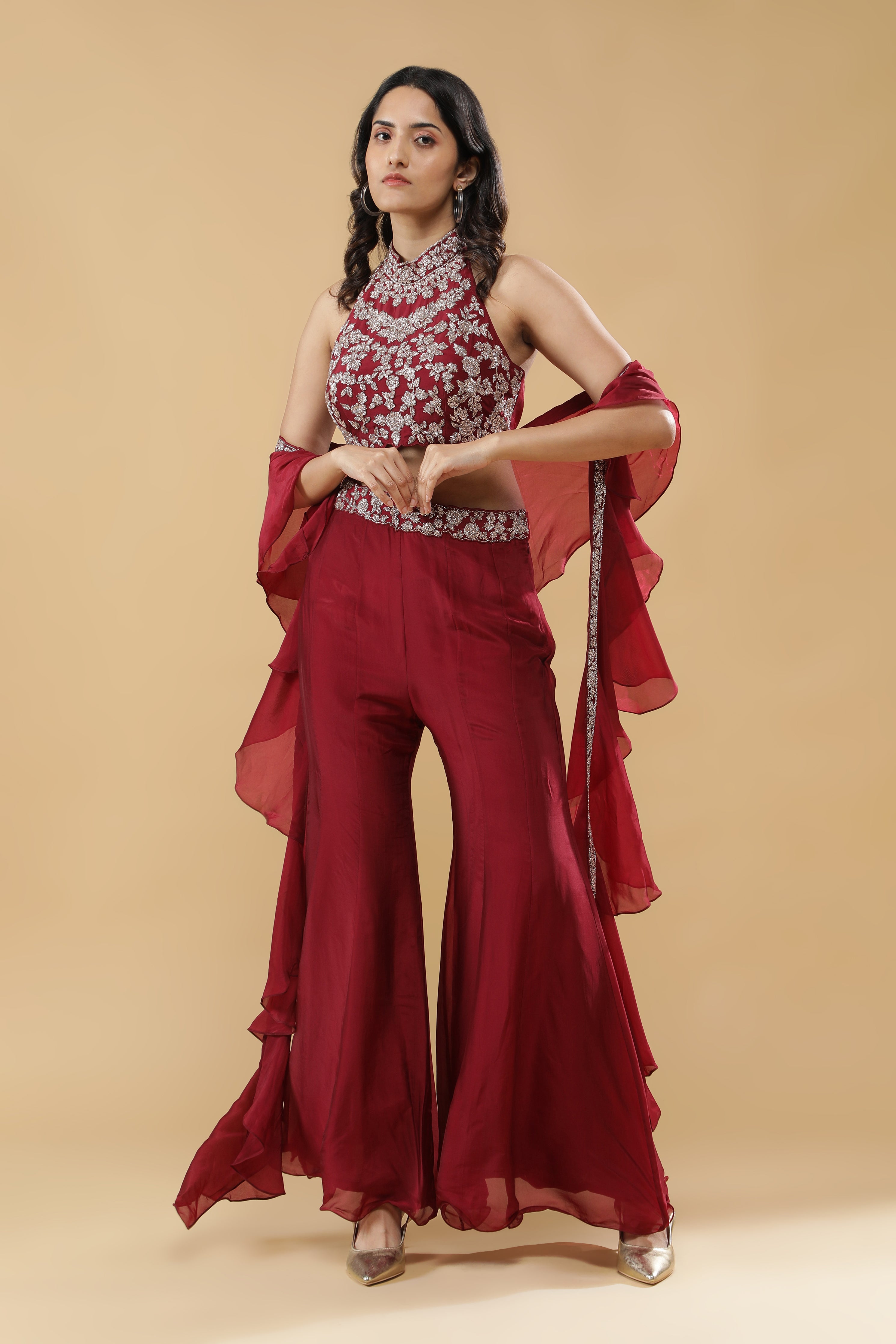 Maroon Organza Palazzo Set
