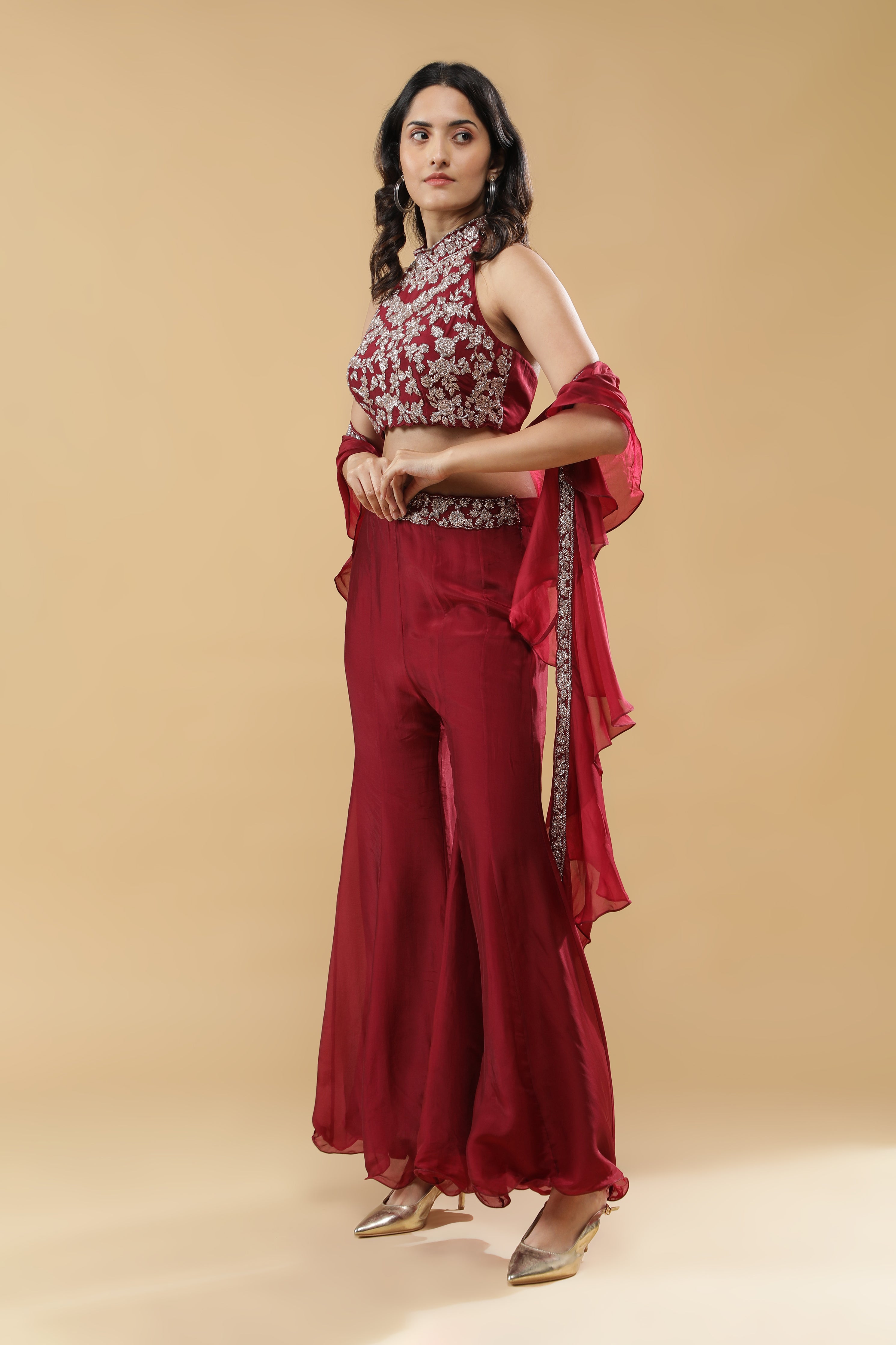 Maroon Organza Palazzo Set