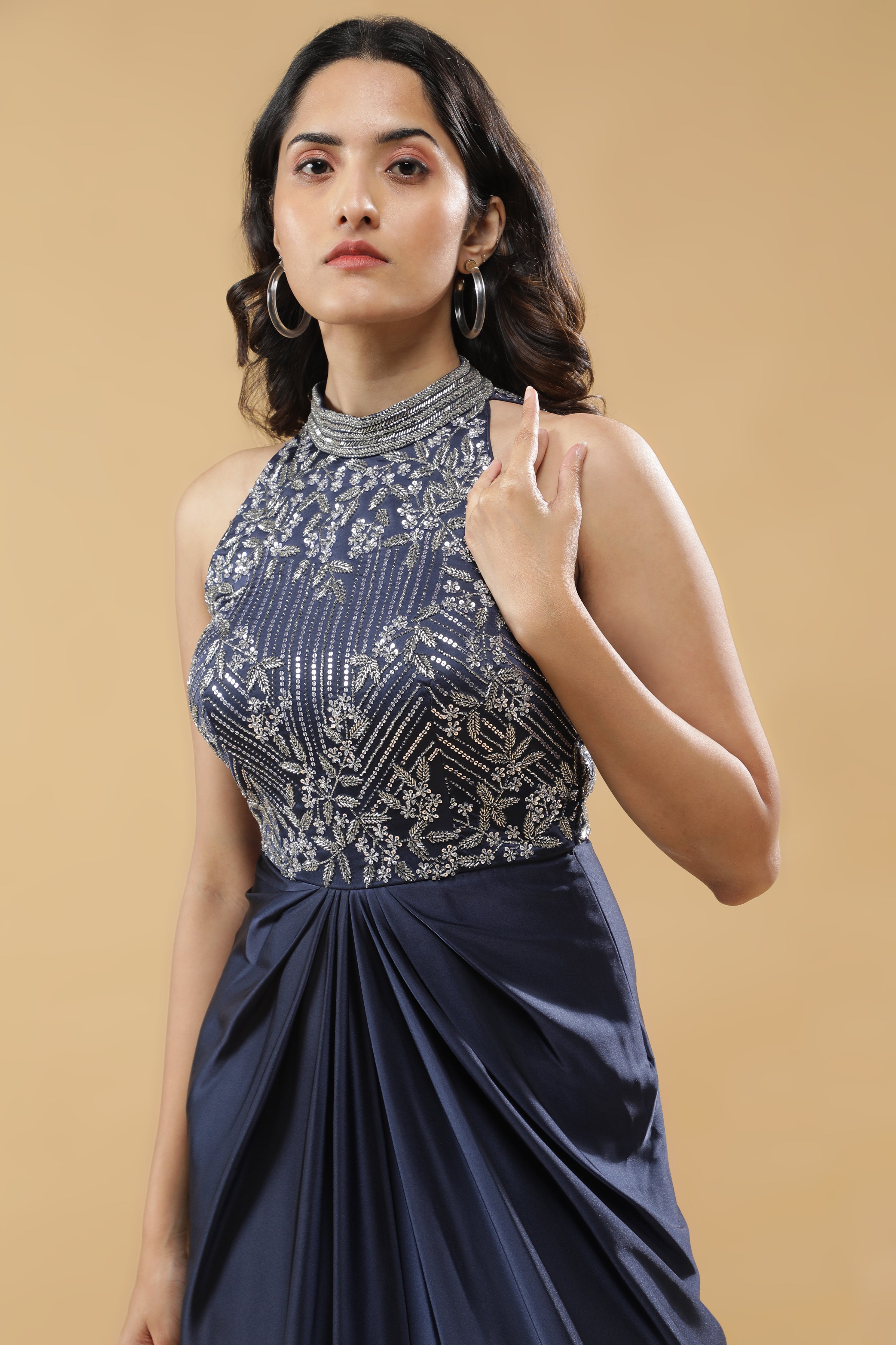 Navy Blue Satin Silk Drape Gown