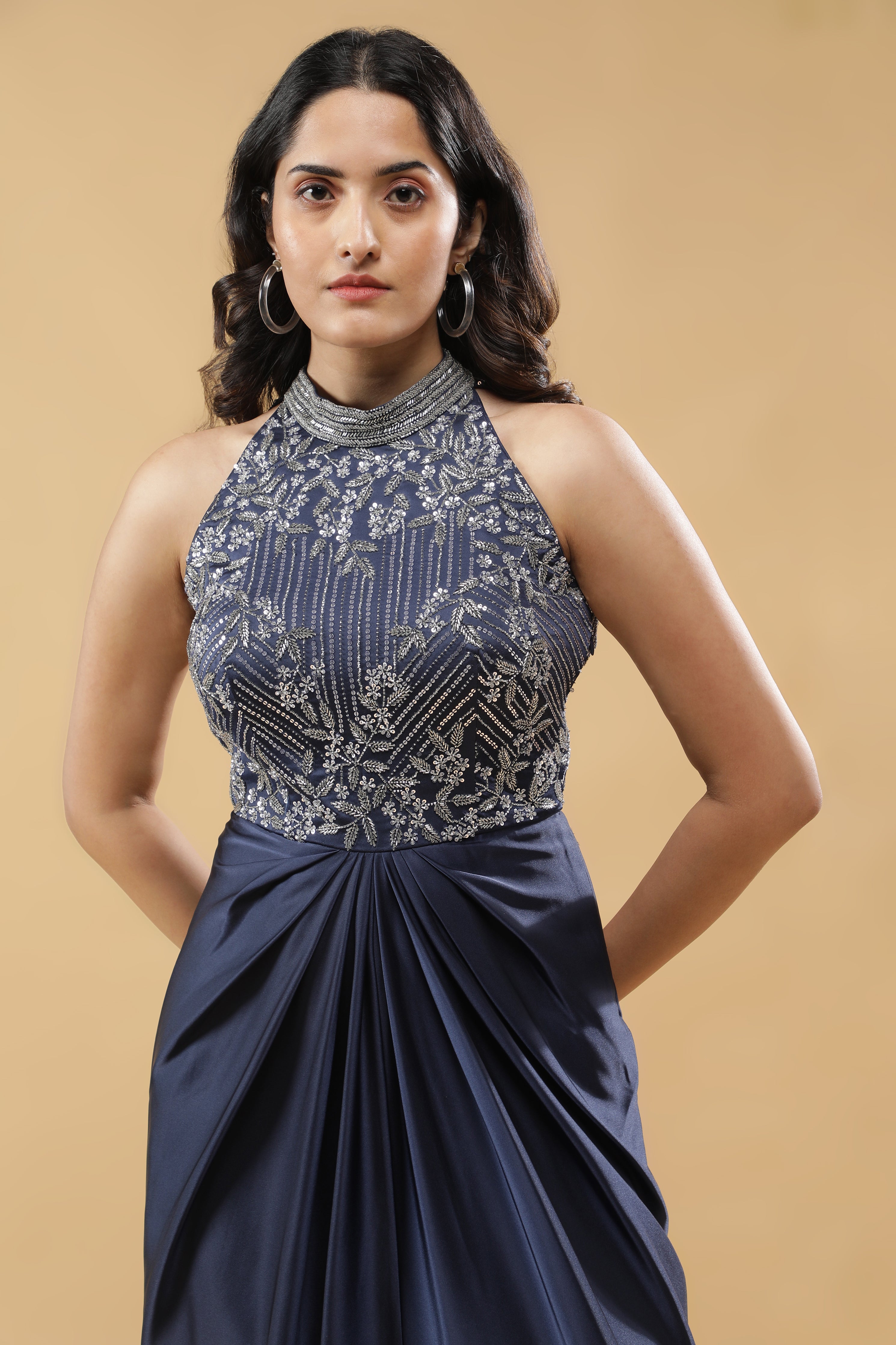 Navy Blue Satin Silk Drape Gown
