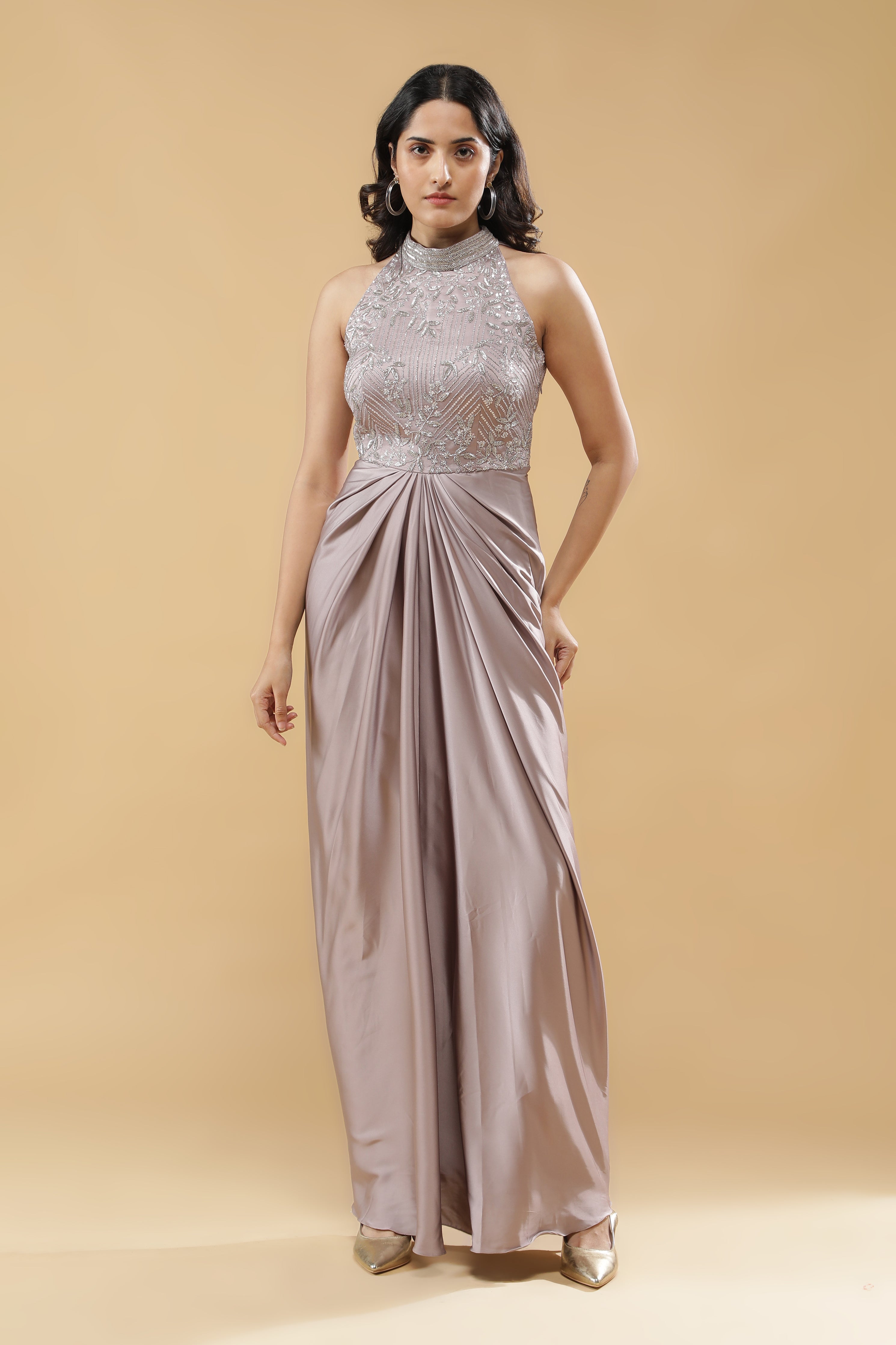 Lilac Satin Silk Drape Gown