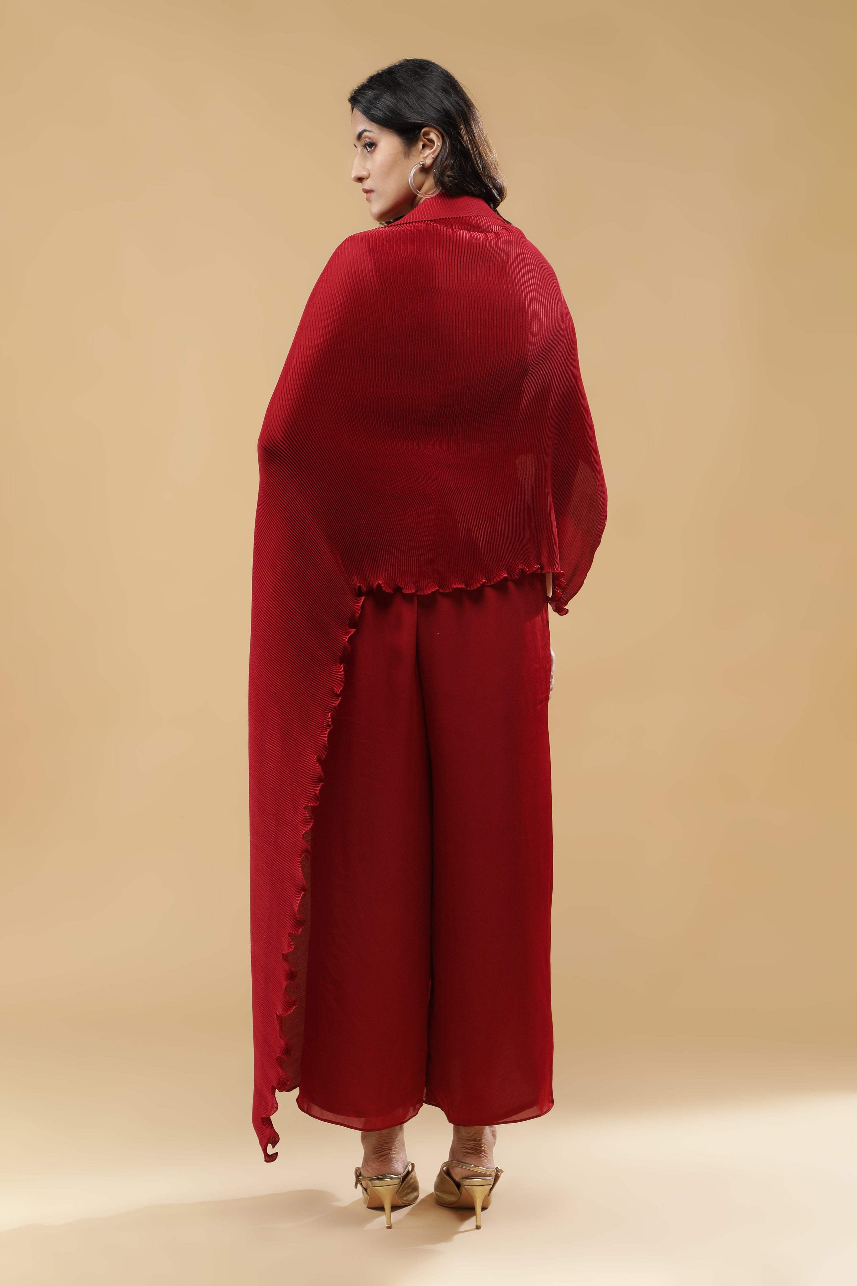Red Pleated Indo-Western Set