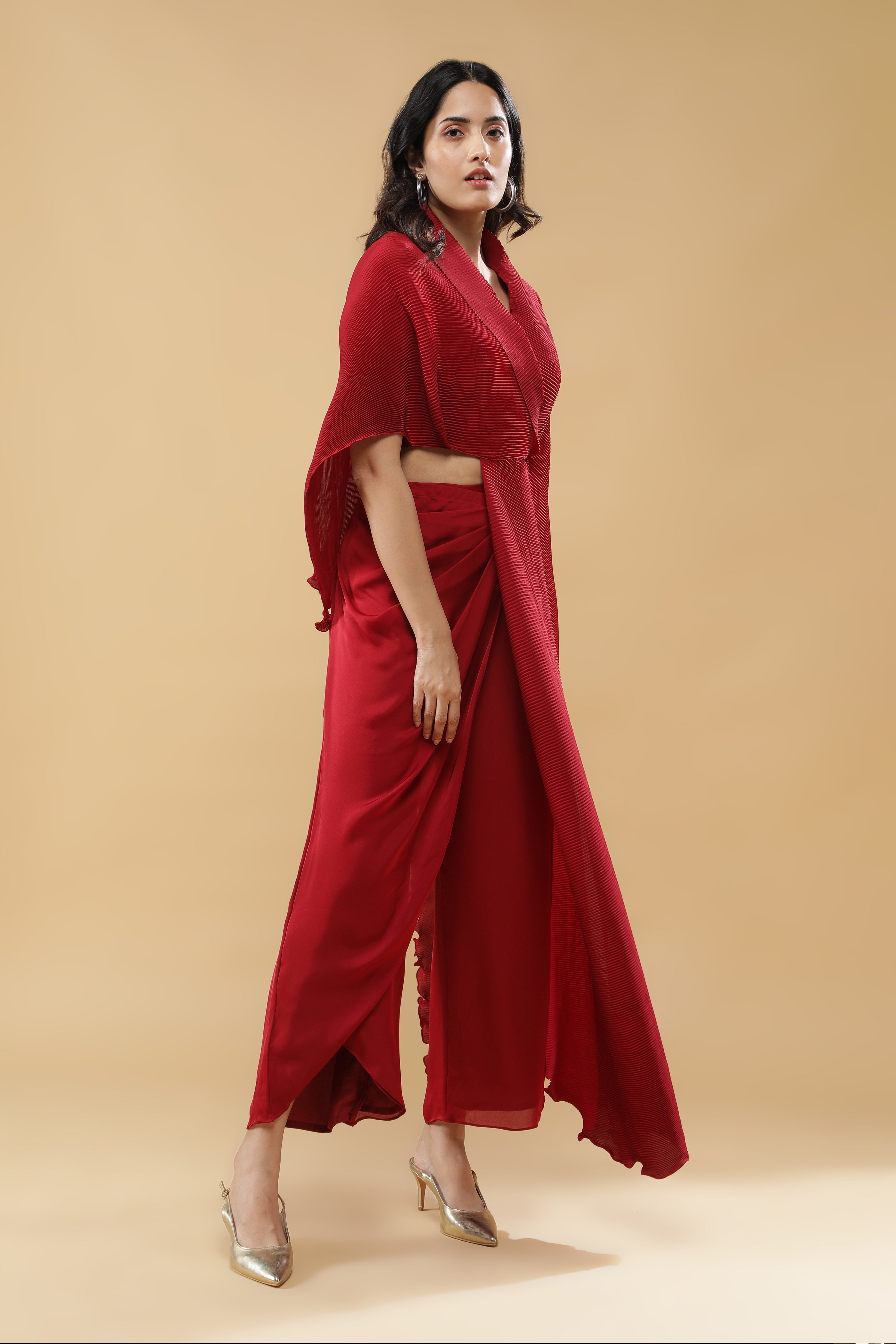 Red Pleated Indo-Western Set