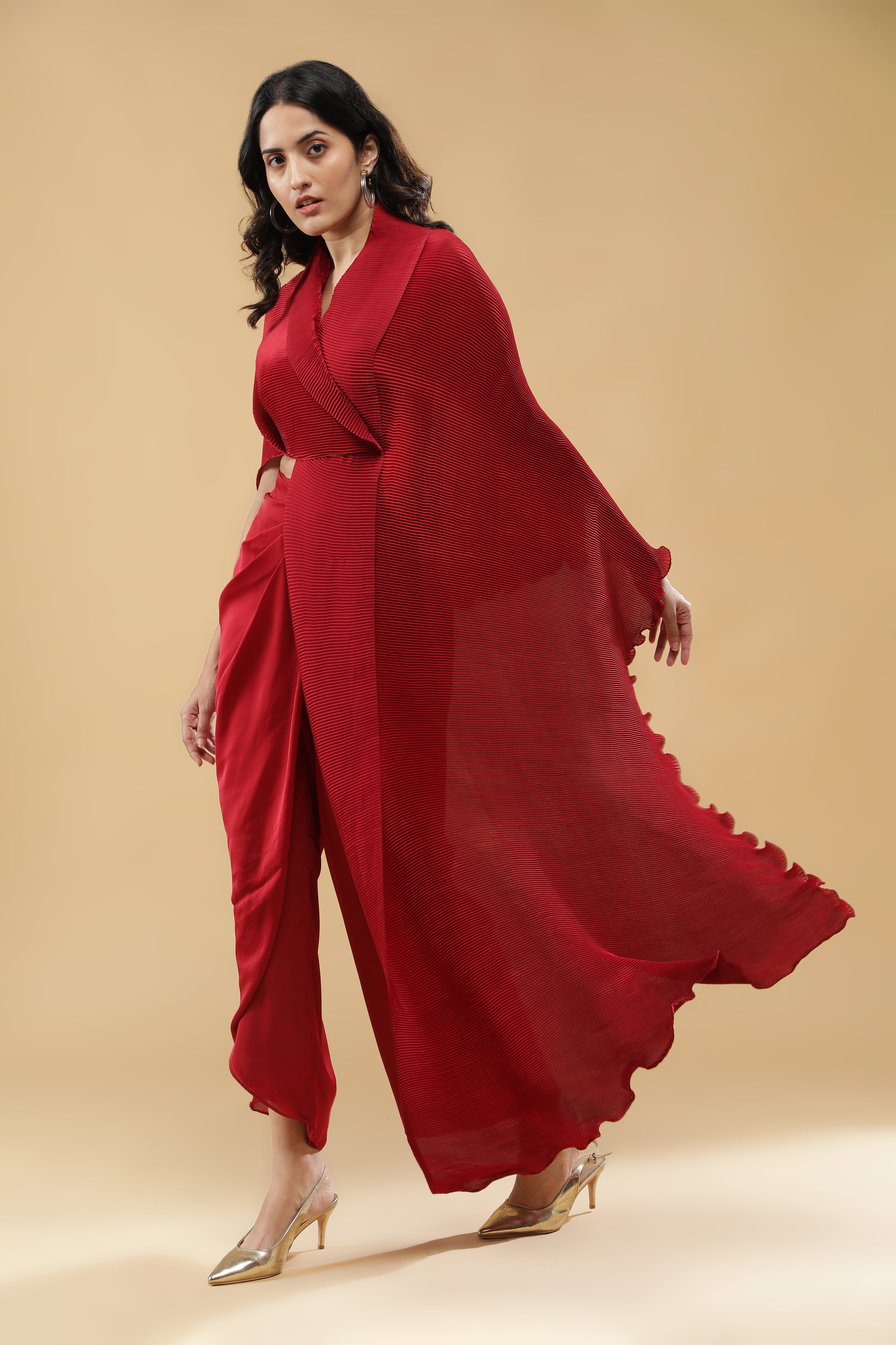 Red Pleated Indo-Western Set