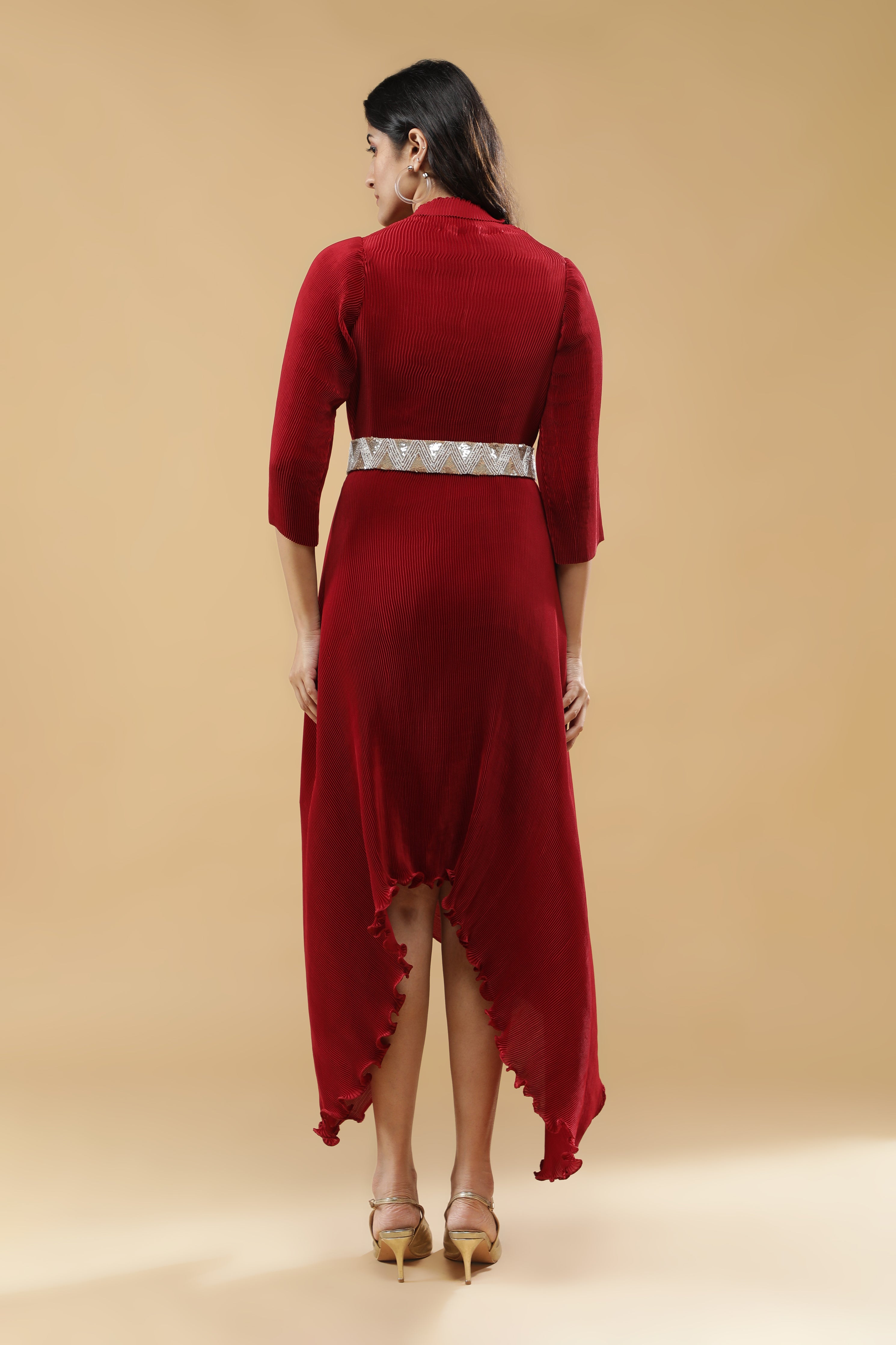 Red Pleated Dress with Embroidered Belt