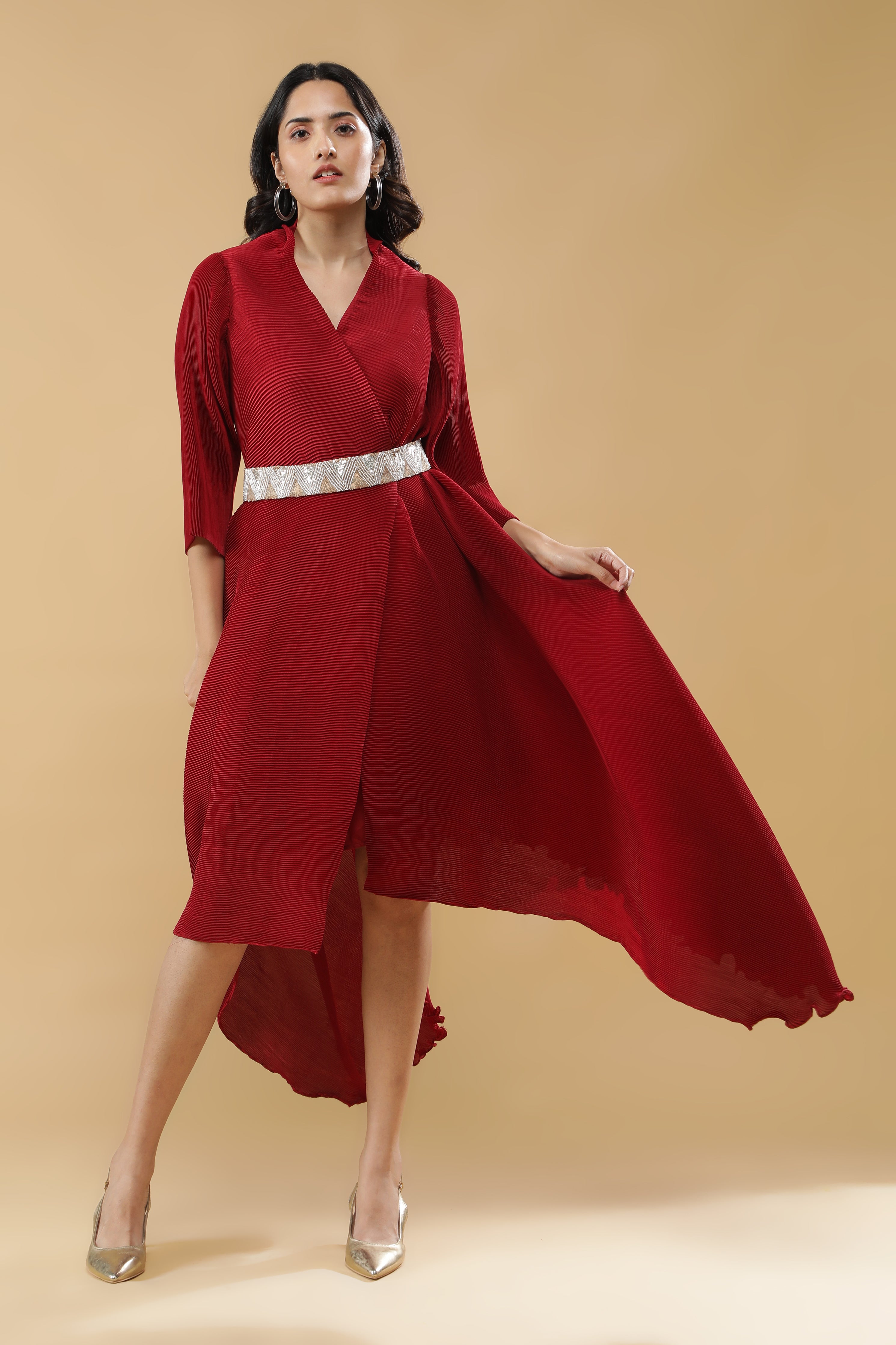 Red Pleated Dress with Embroidered Belt