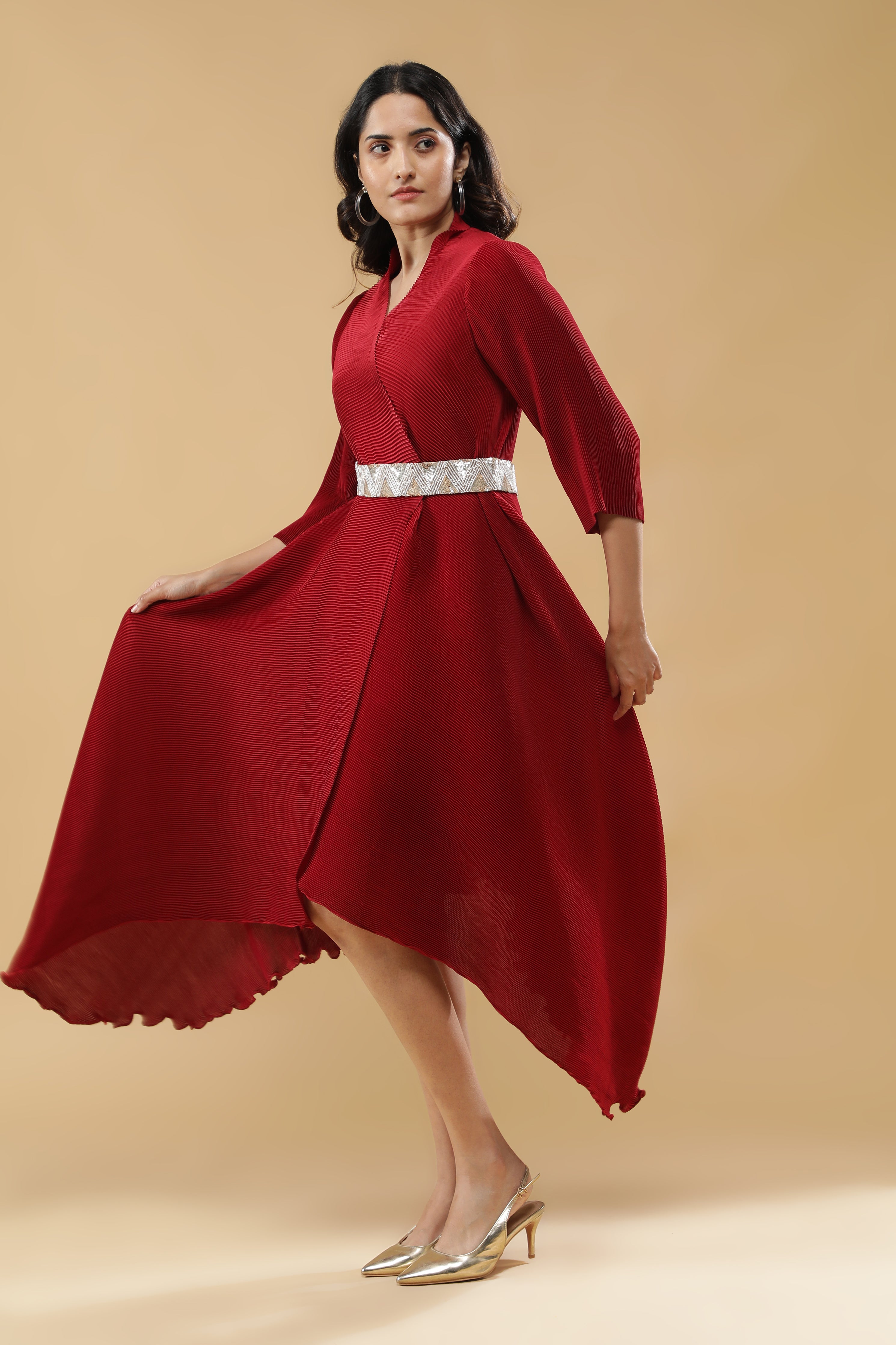 Red Pleated Dress with Embroidered Belt