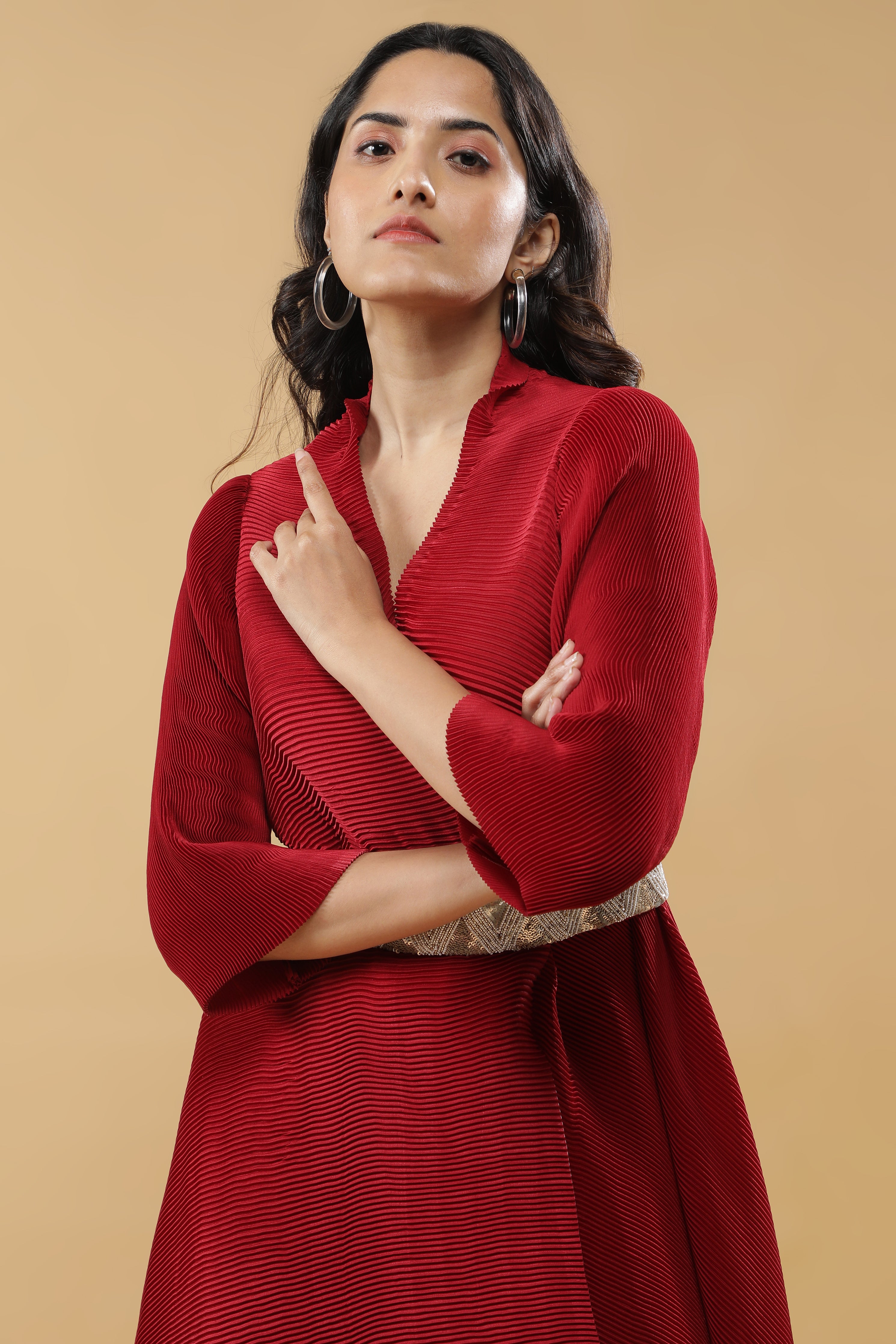 Red Pleated Dress with Embroidered Belt