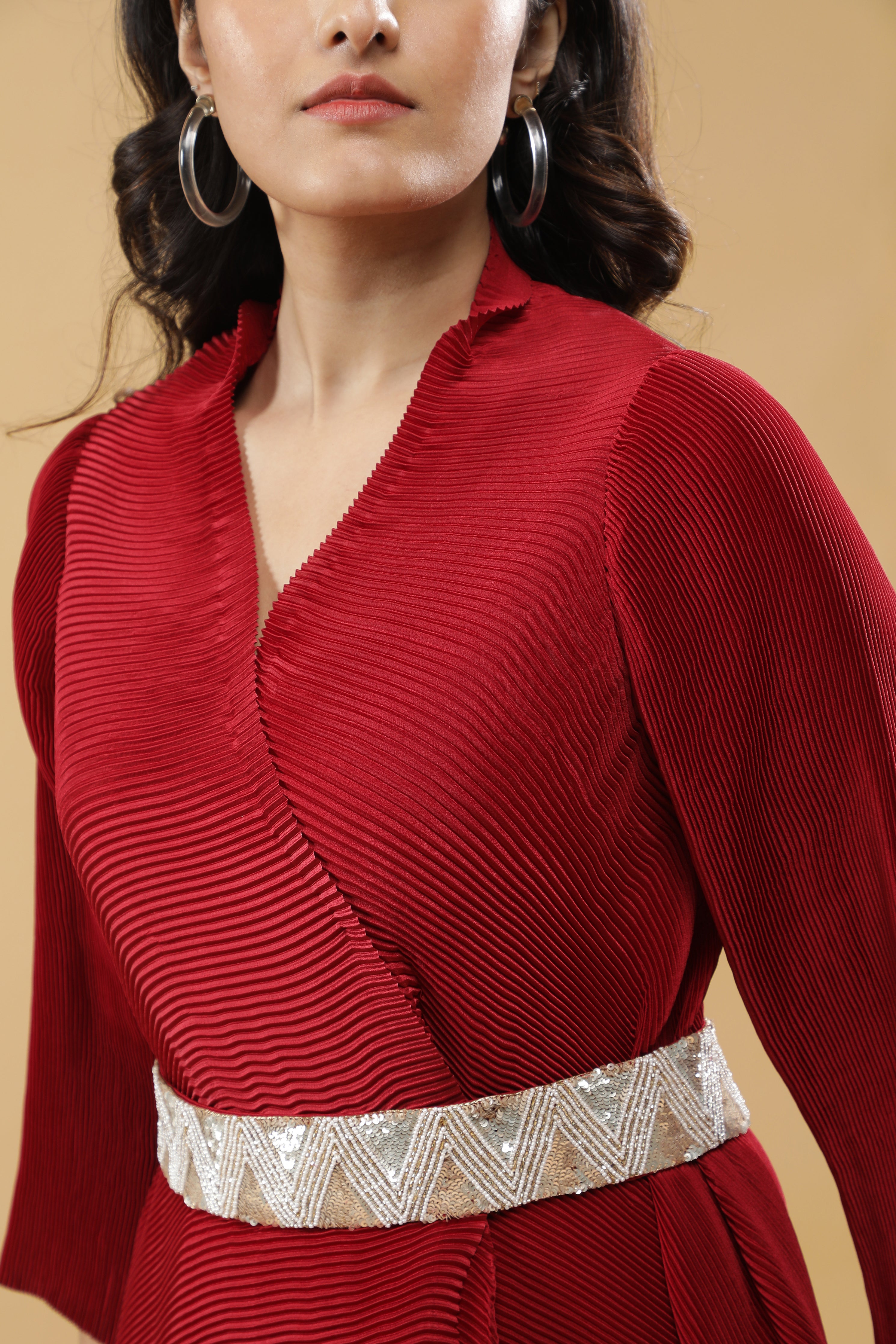 Red Pleated Dress with Embroidered Belt