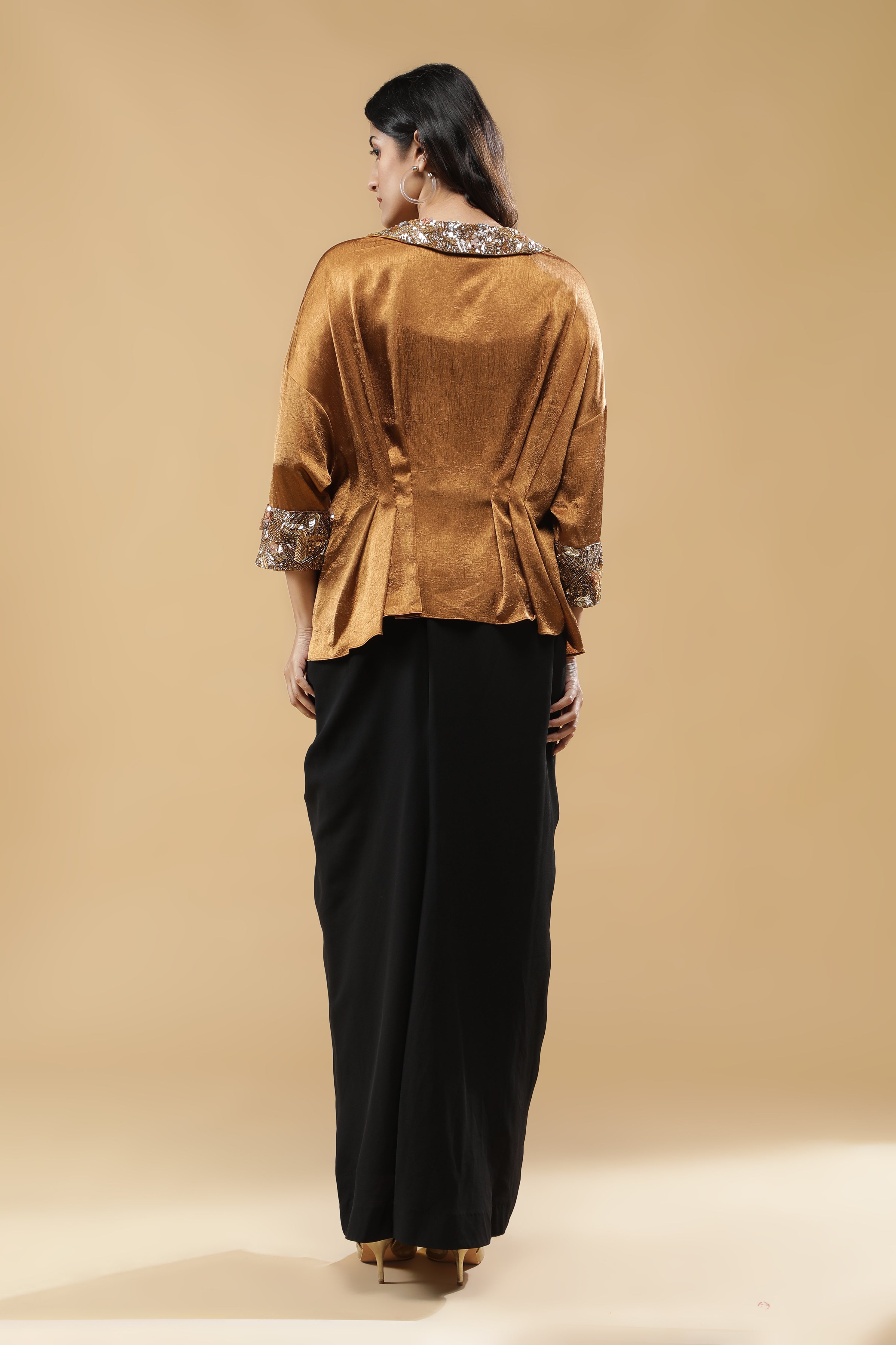 Golden Crushed Silk Top with Black Drape Skirt