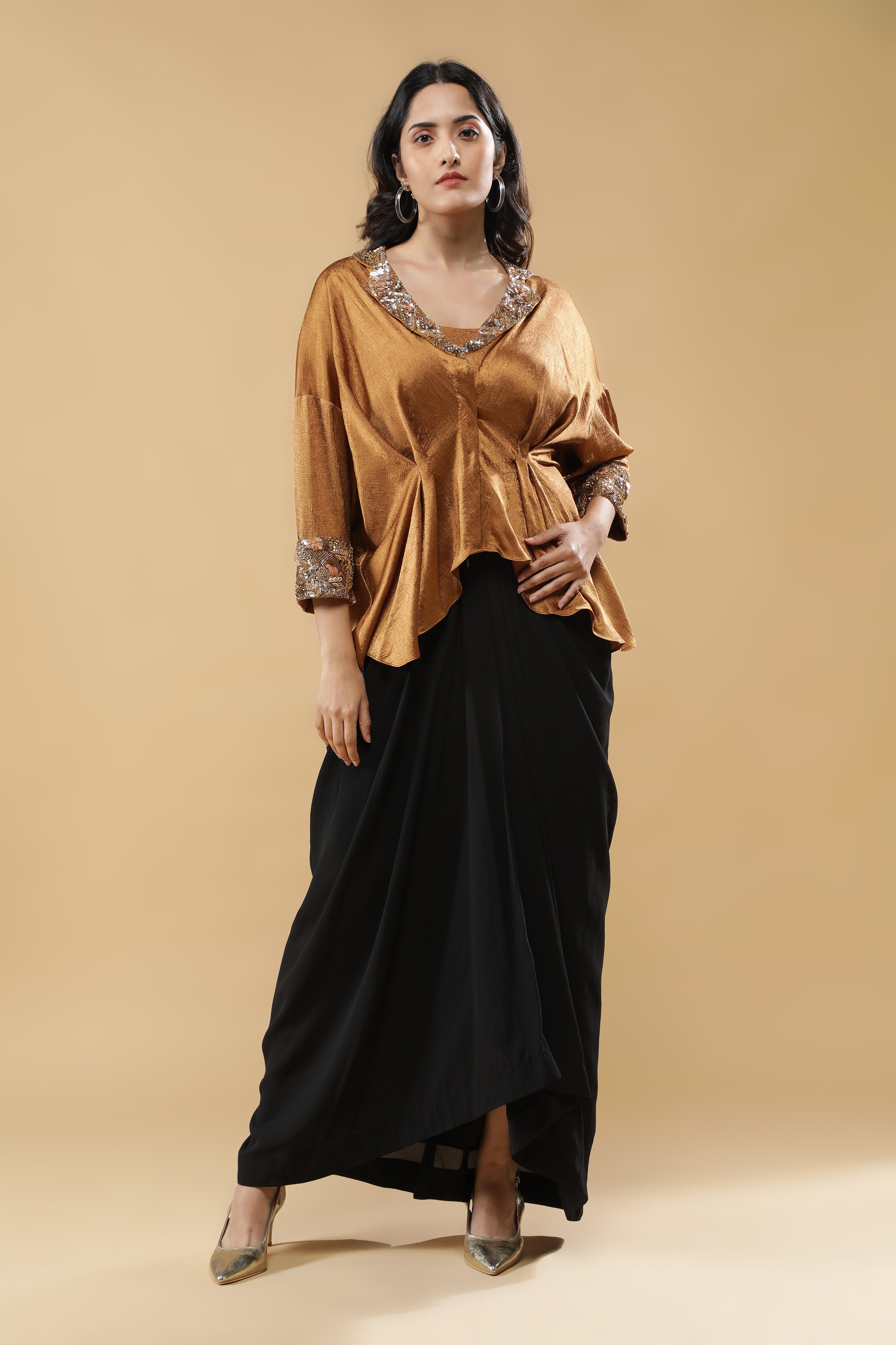 Golden Crushed Silk Top with Black Drape Skirt