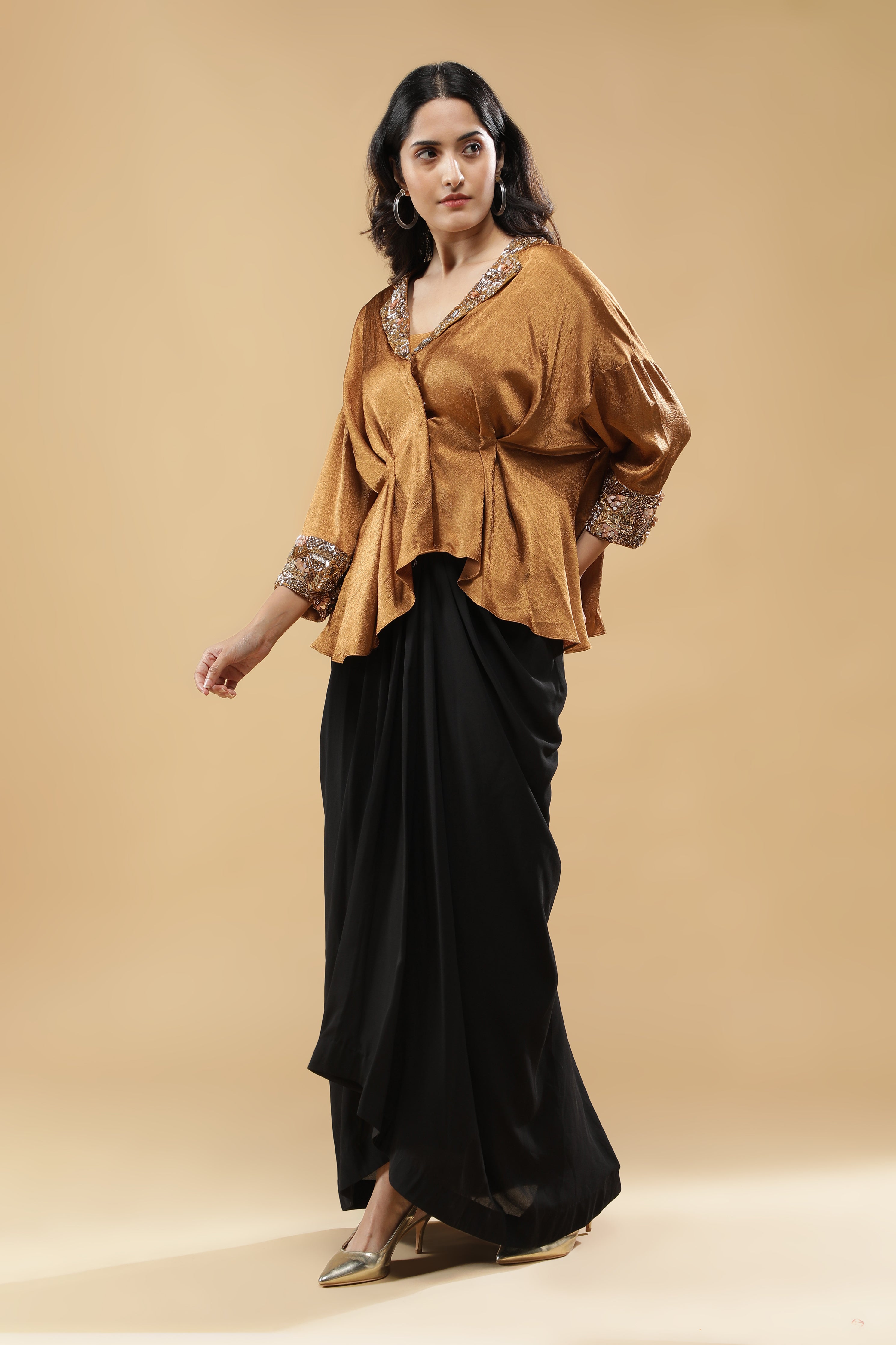 Golden Crushed Silk Top with Black Drape Skirt