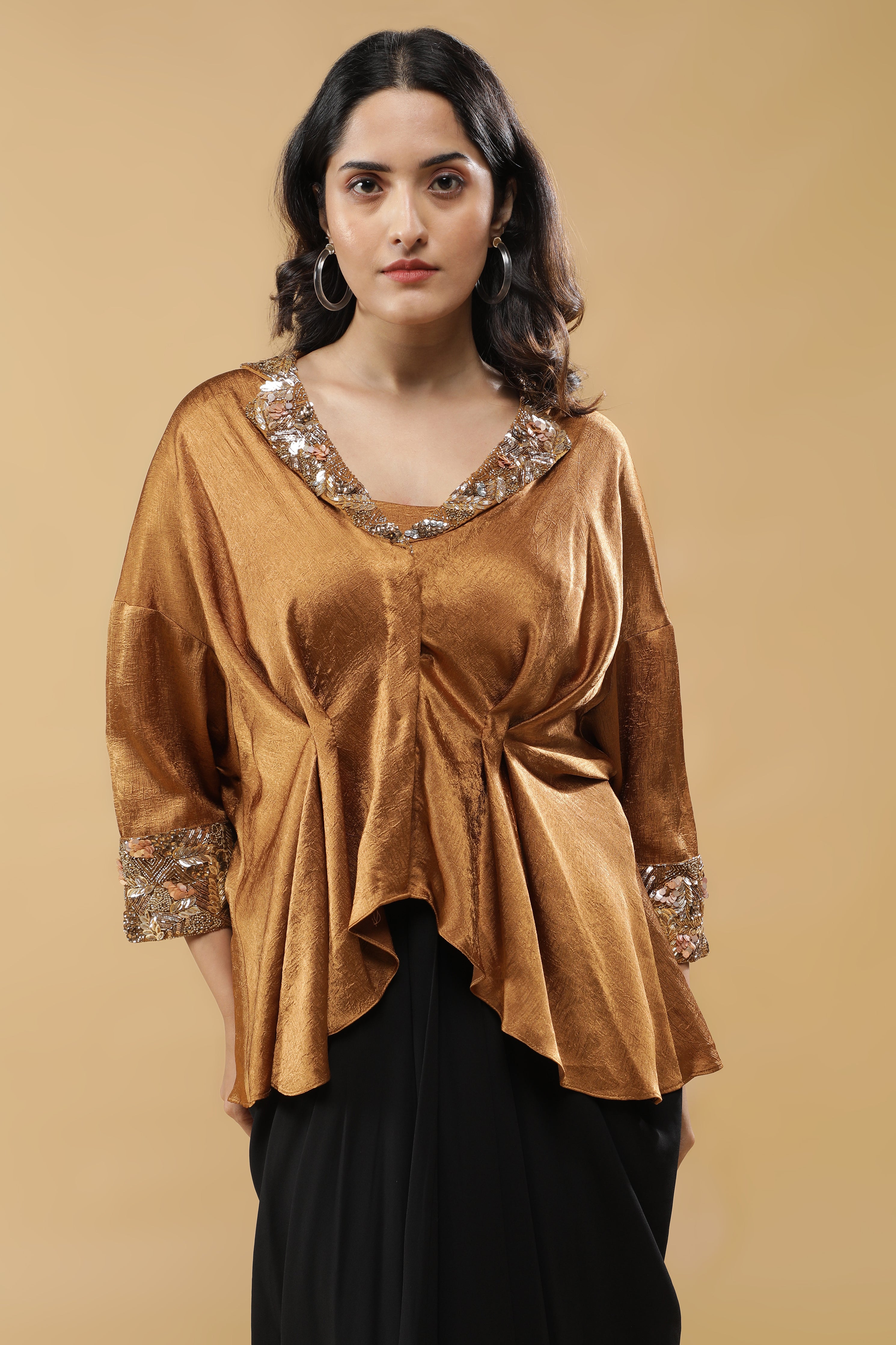 Golden Crushed Silk Top with Black Drape Skirt