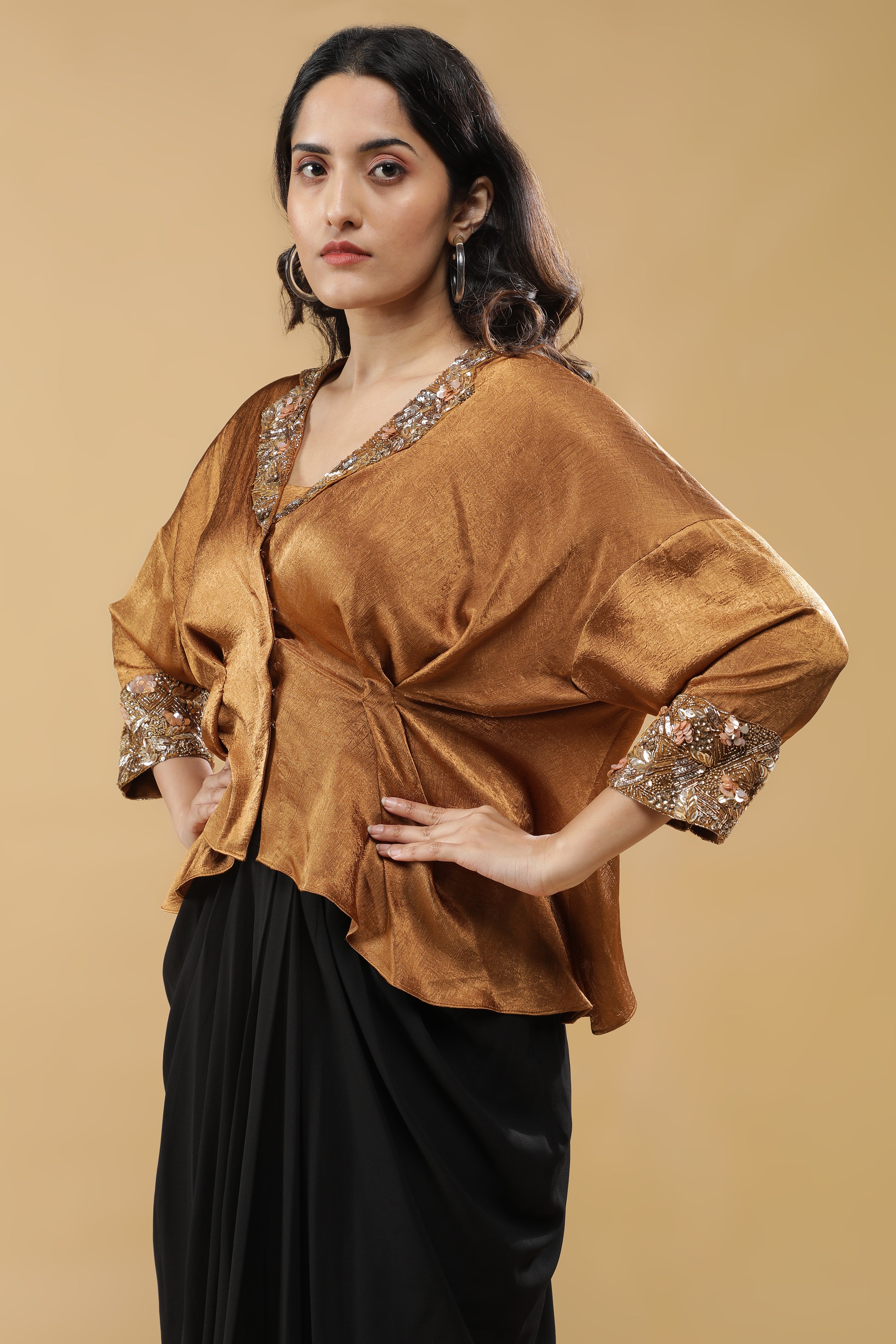 Golden Crushed Silk Top with Black Drape Skirt