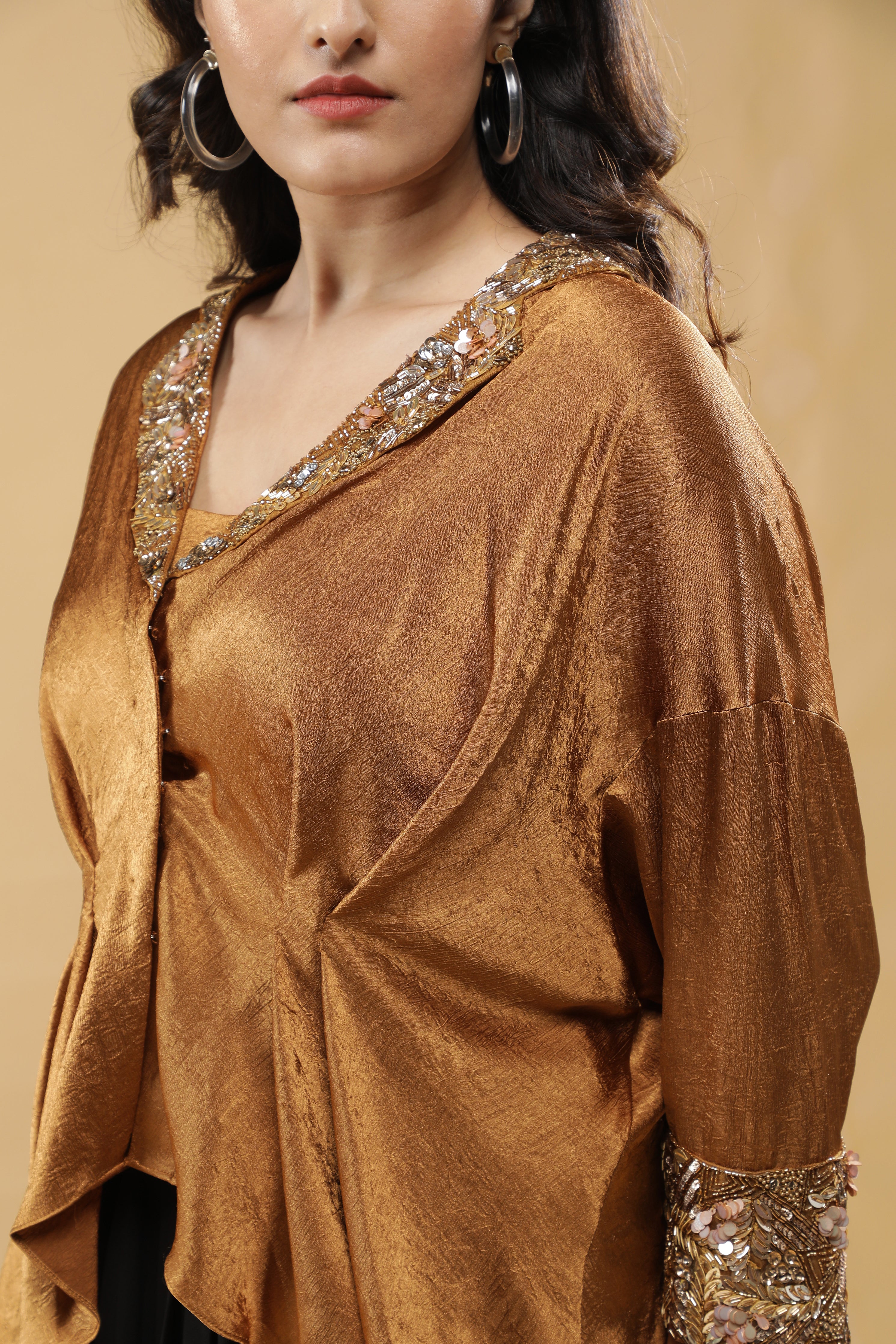 Golden Crushed Silk Top with Black Drape Skirt