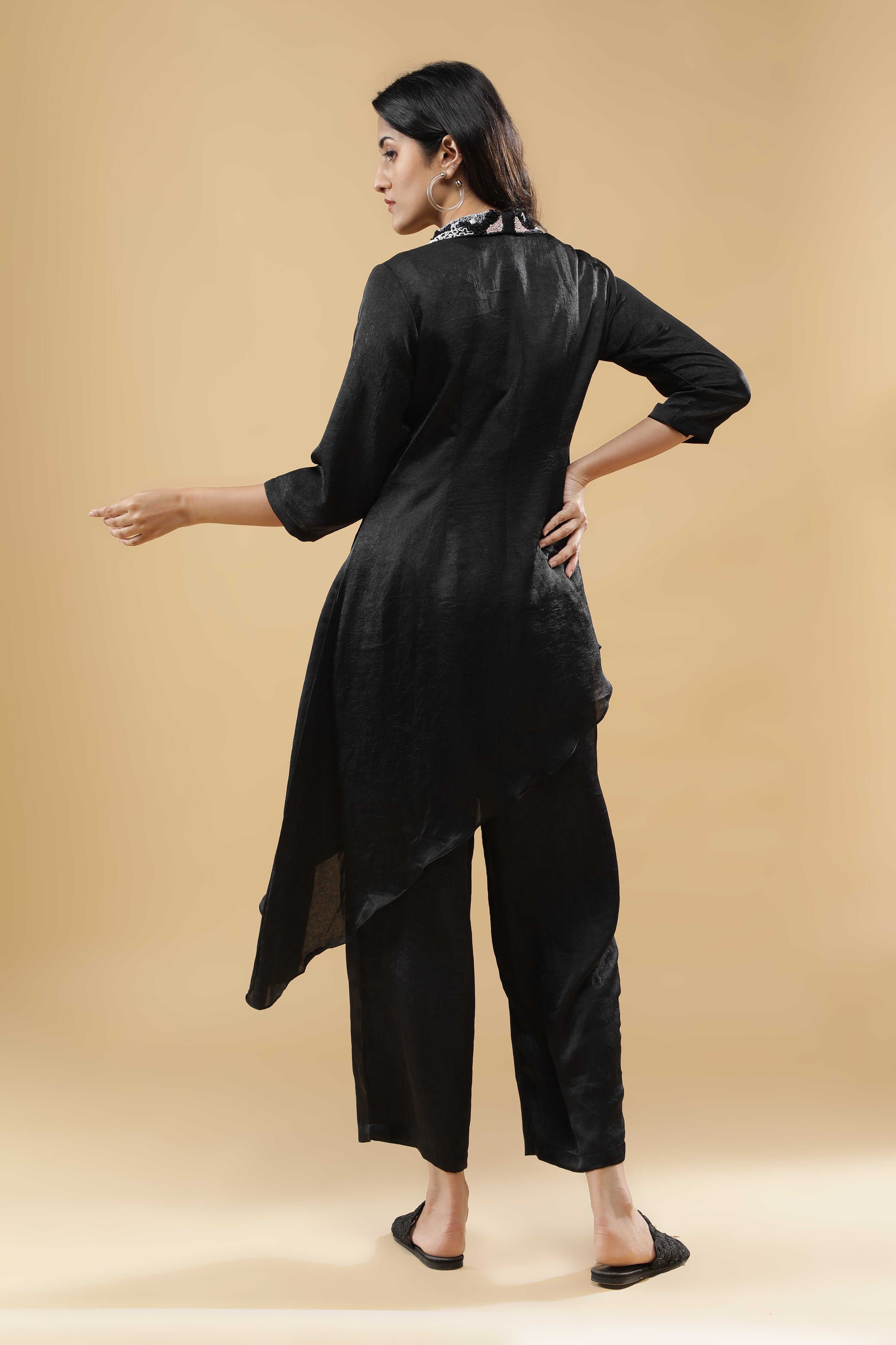 Black Crushed Silk Indo-Western Set