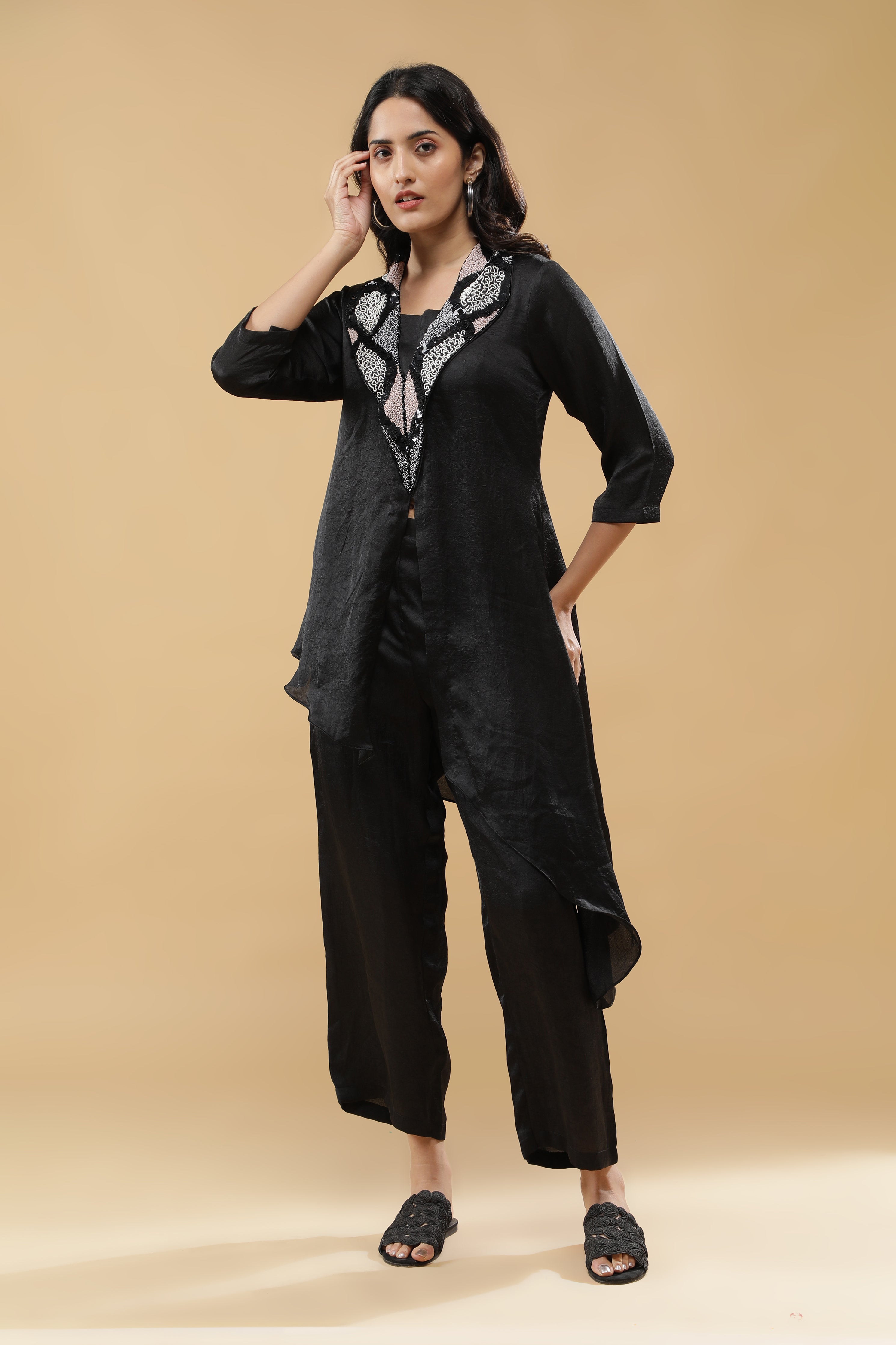 Black Crushed Silk Indo-Western Set