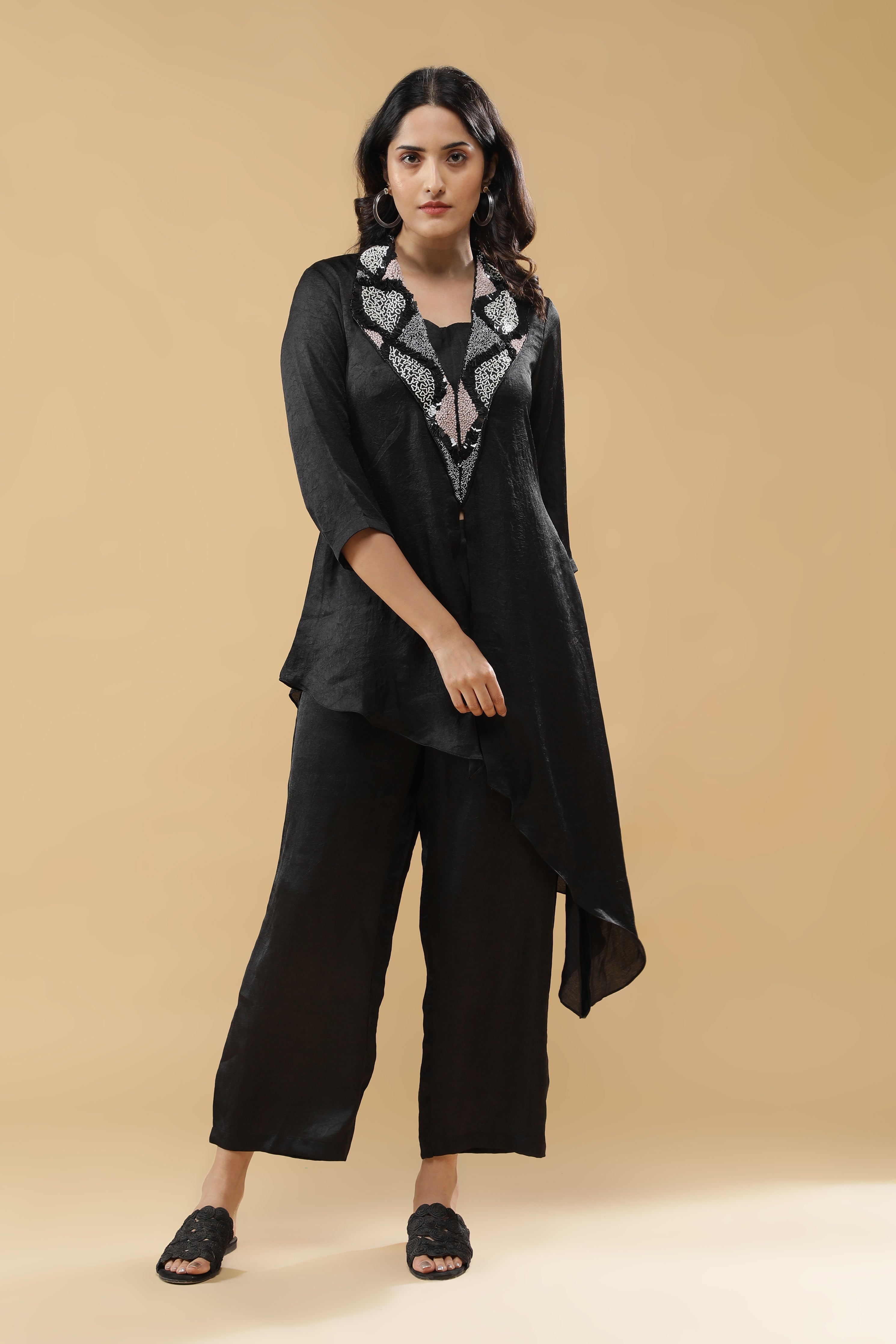 Black Crushed Silk Indo-Western Set