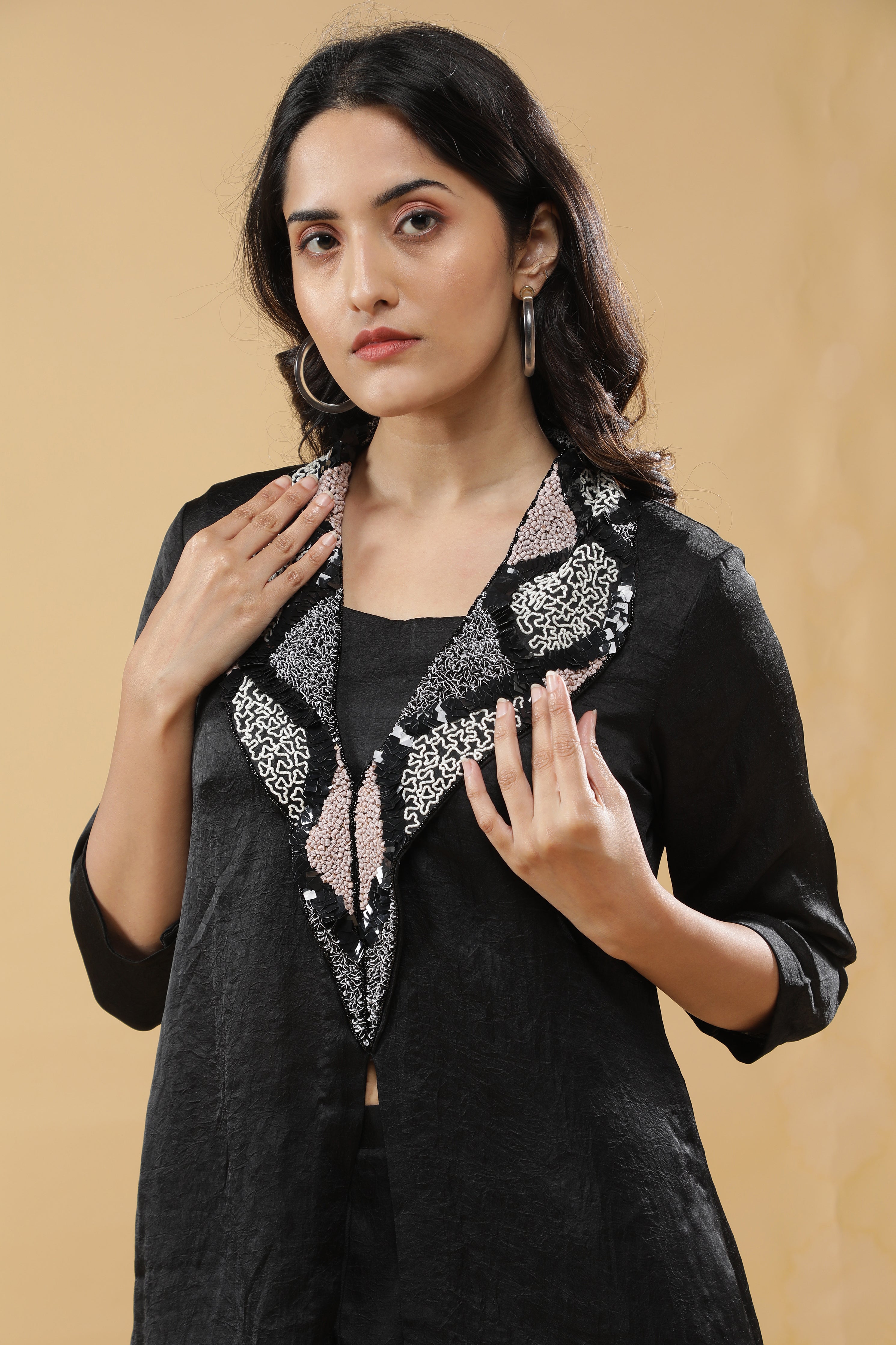 Black Crushed Silk Indo-Western Set