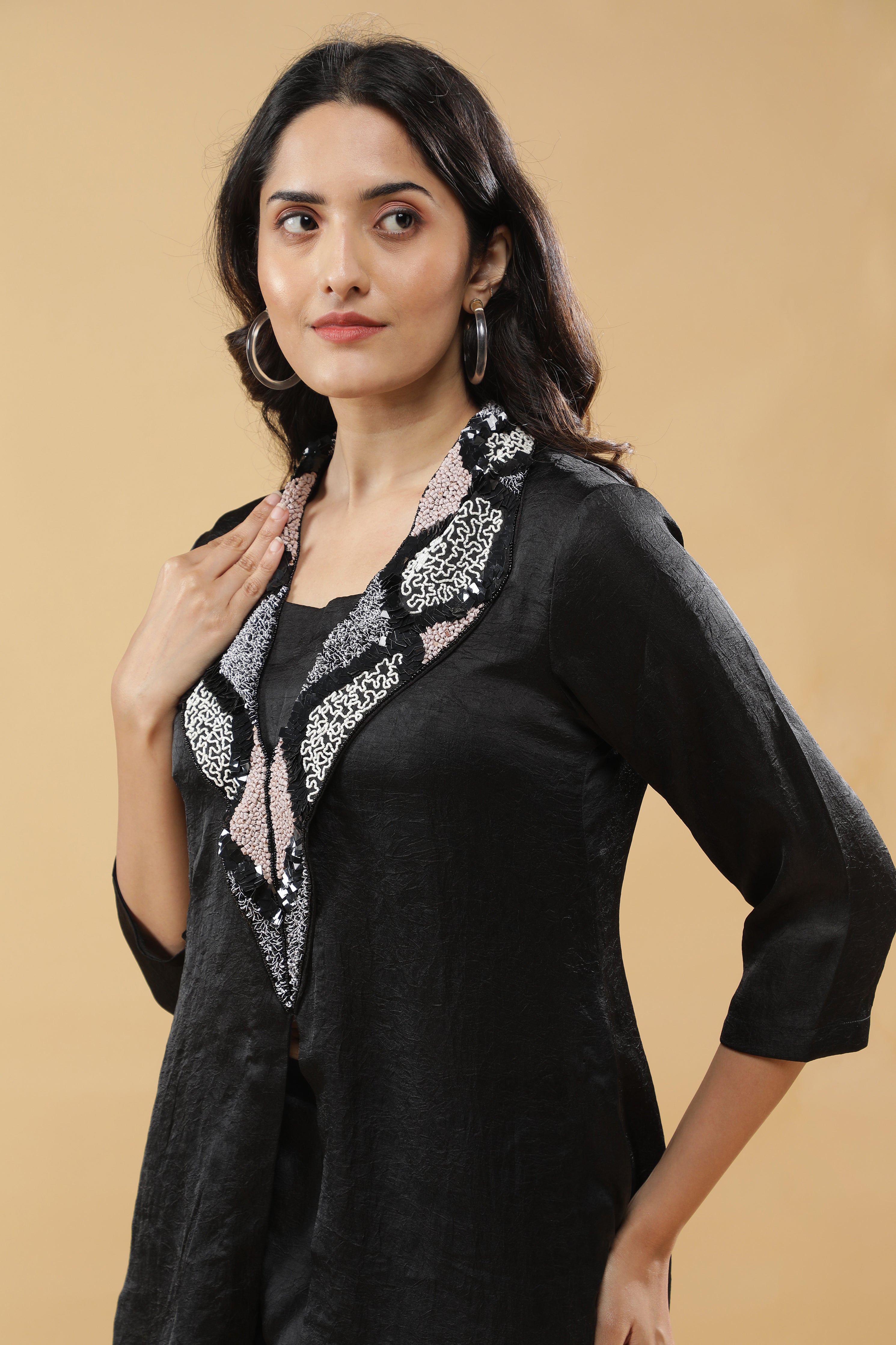 Black Crushed Silk Indo-Western Set