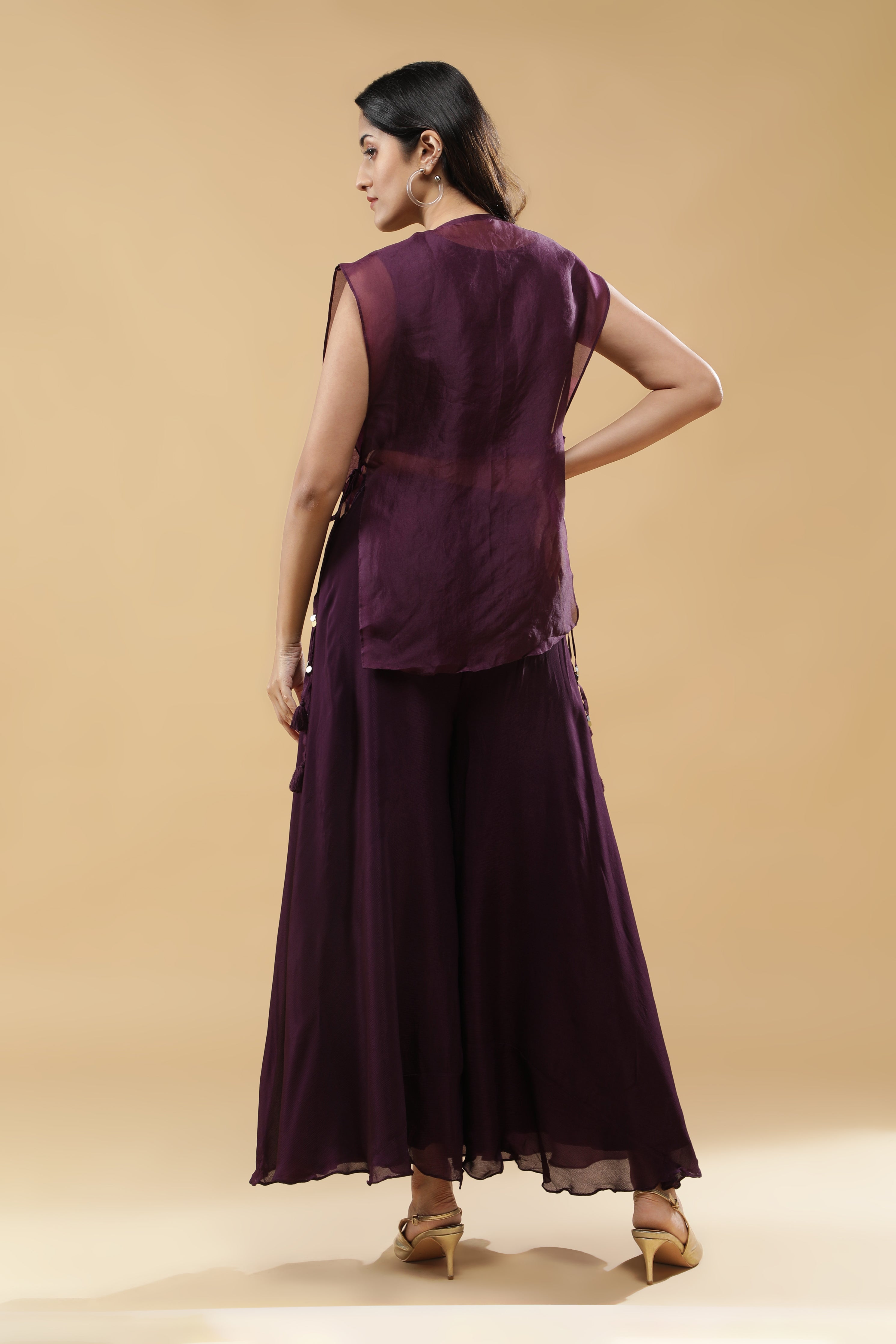 Wine Organza Indo-western Set