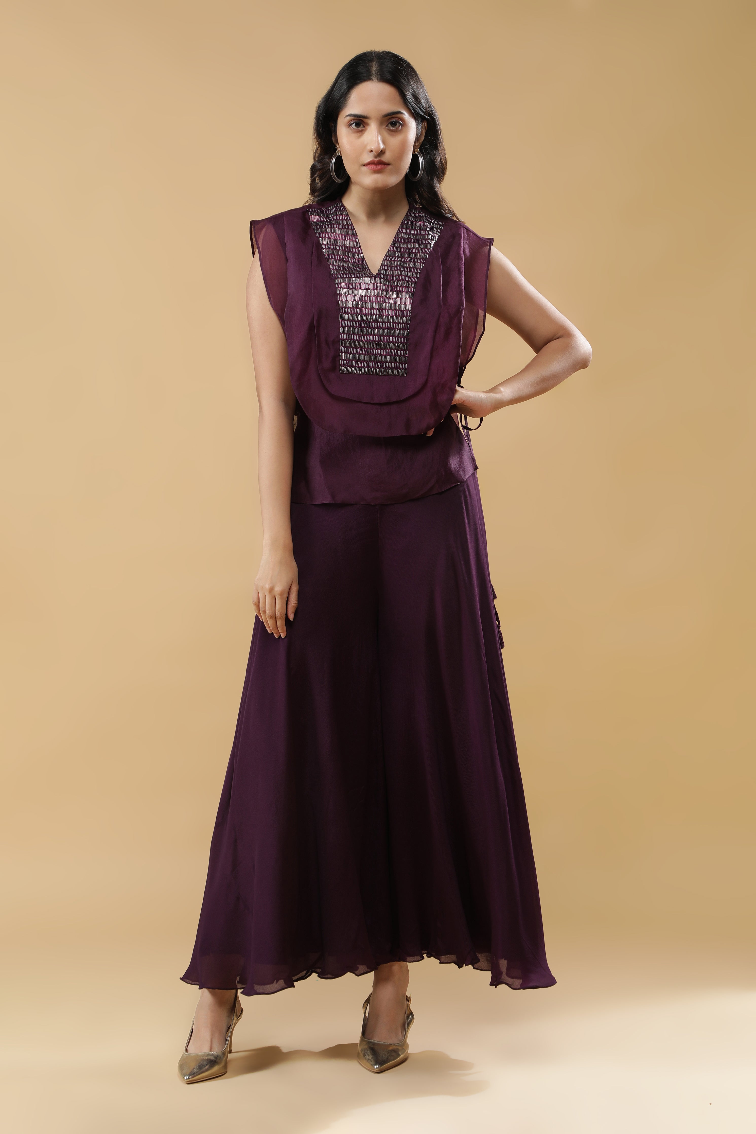 Wine Organza Indo-western Set