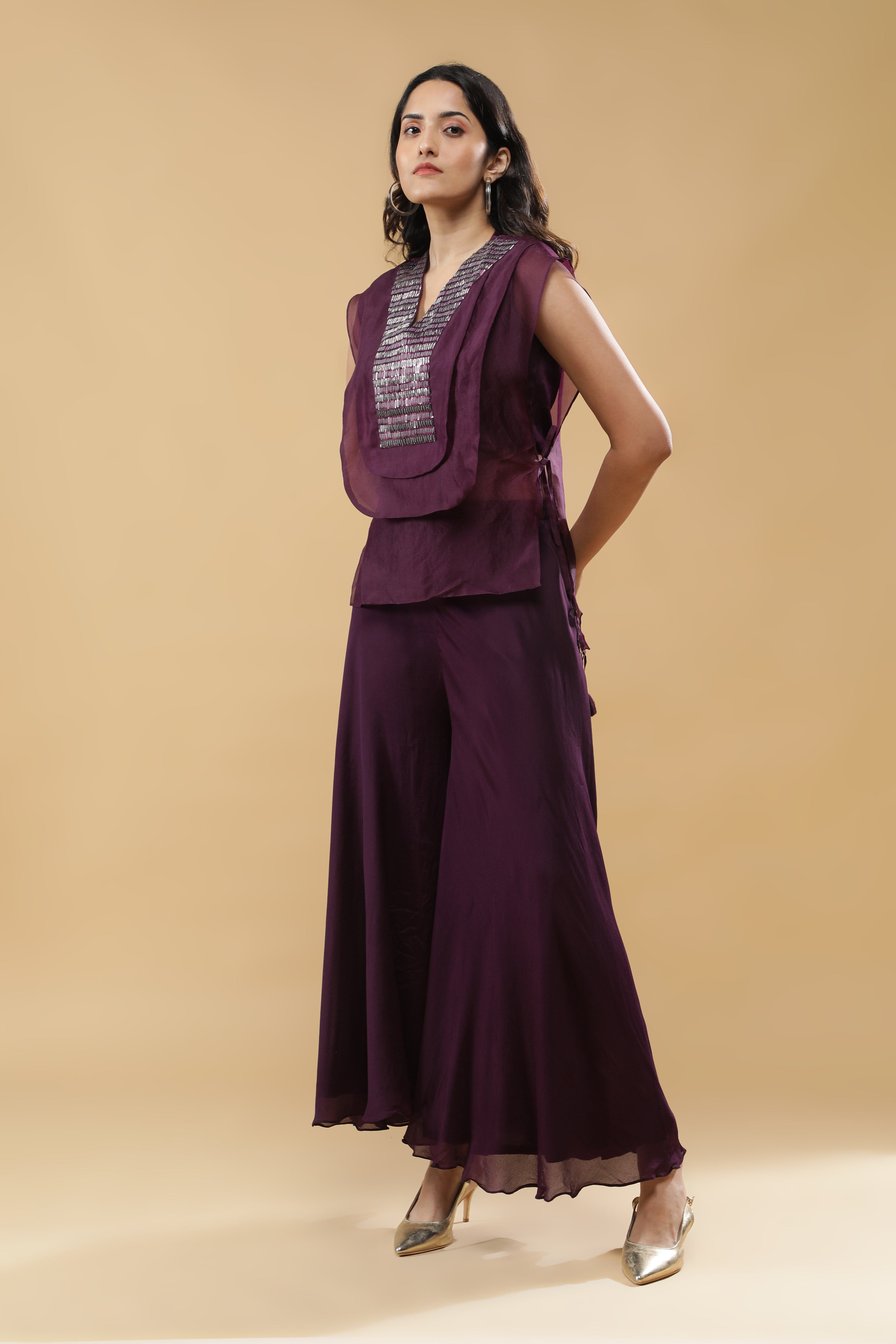 Wine Organza Indo-western Set