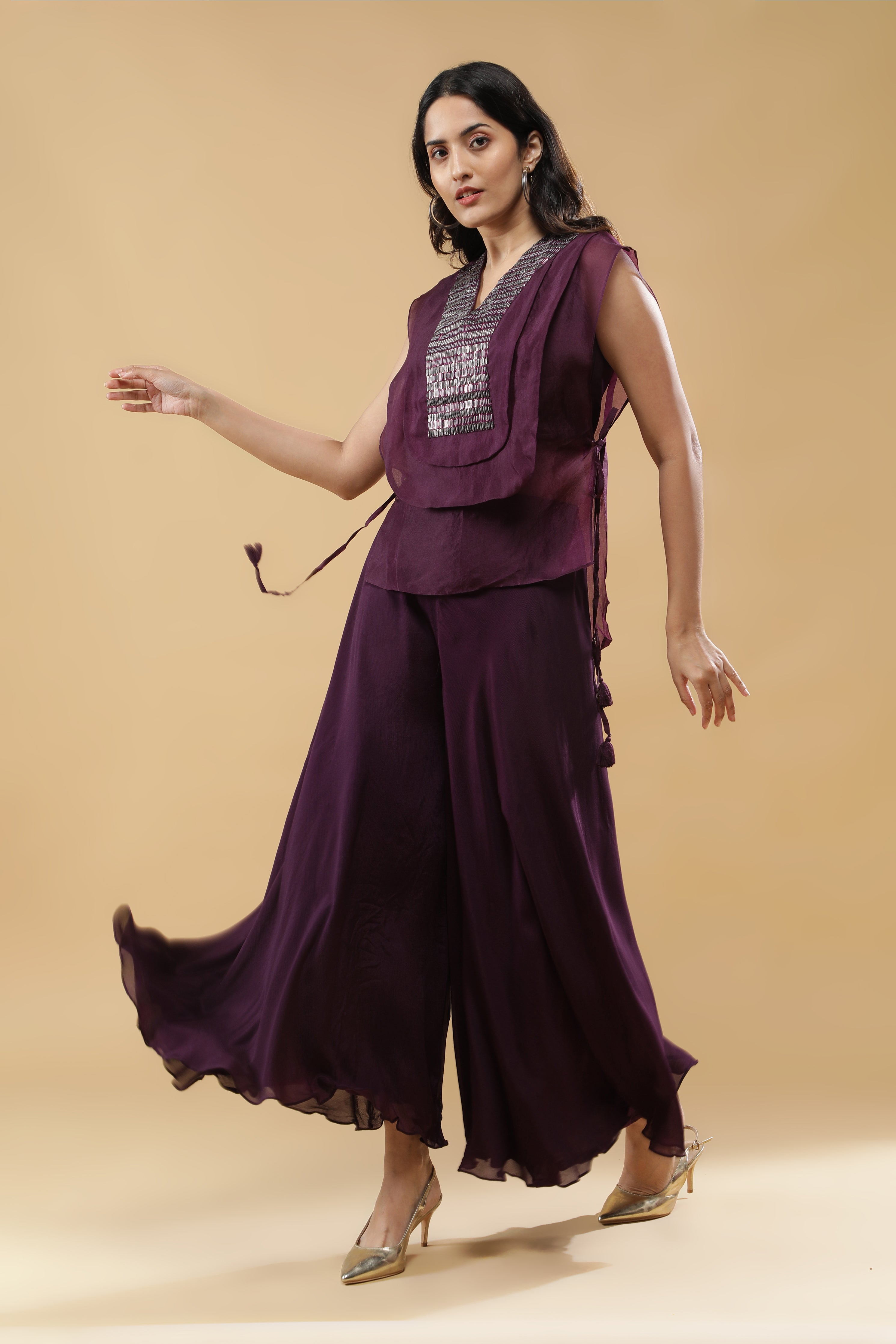 Wine Organza Indo-western Set