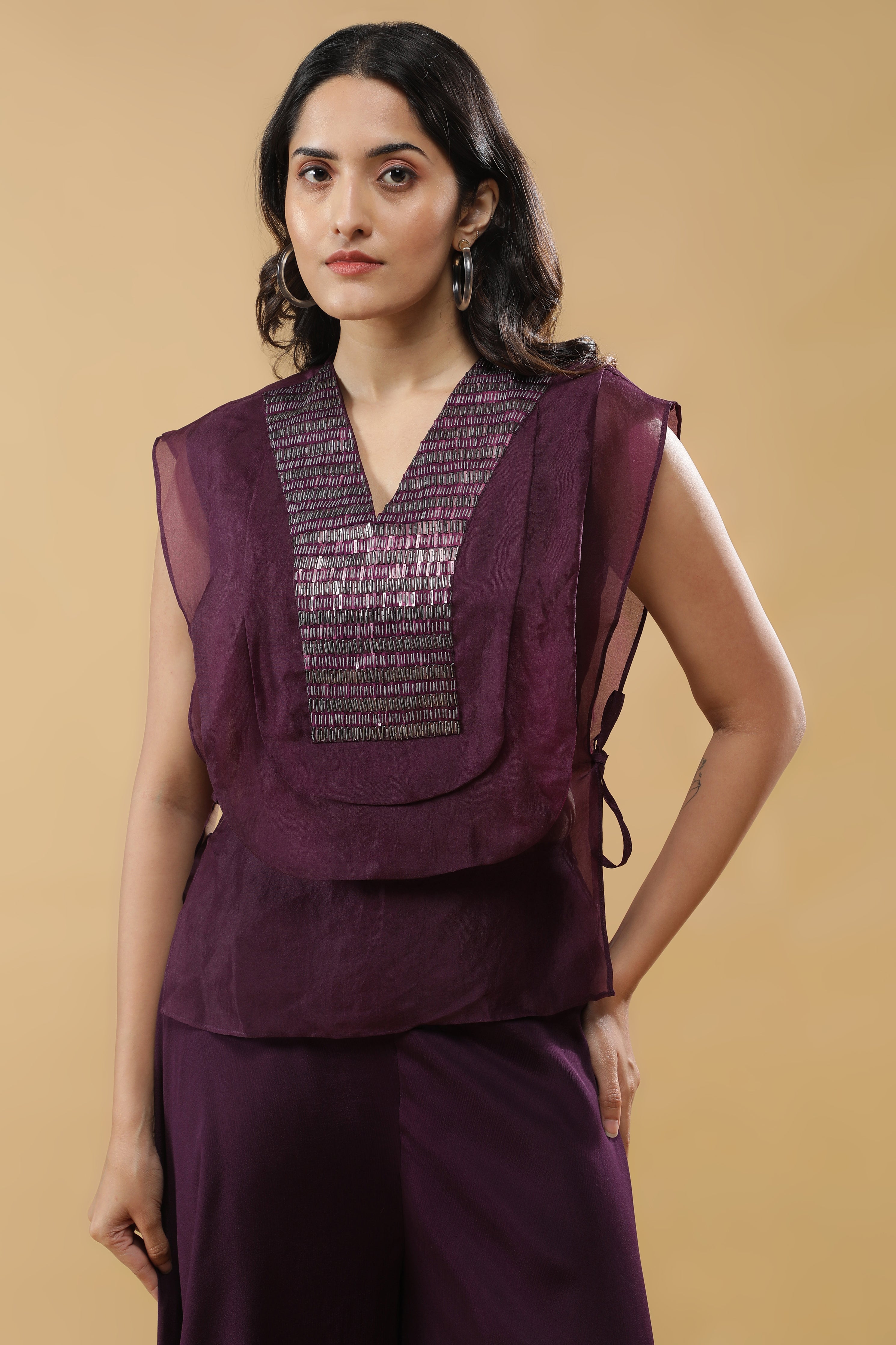 Wine Organza Indo-western Set