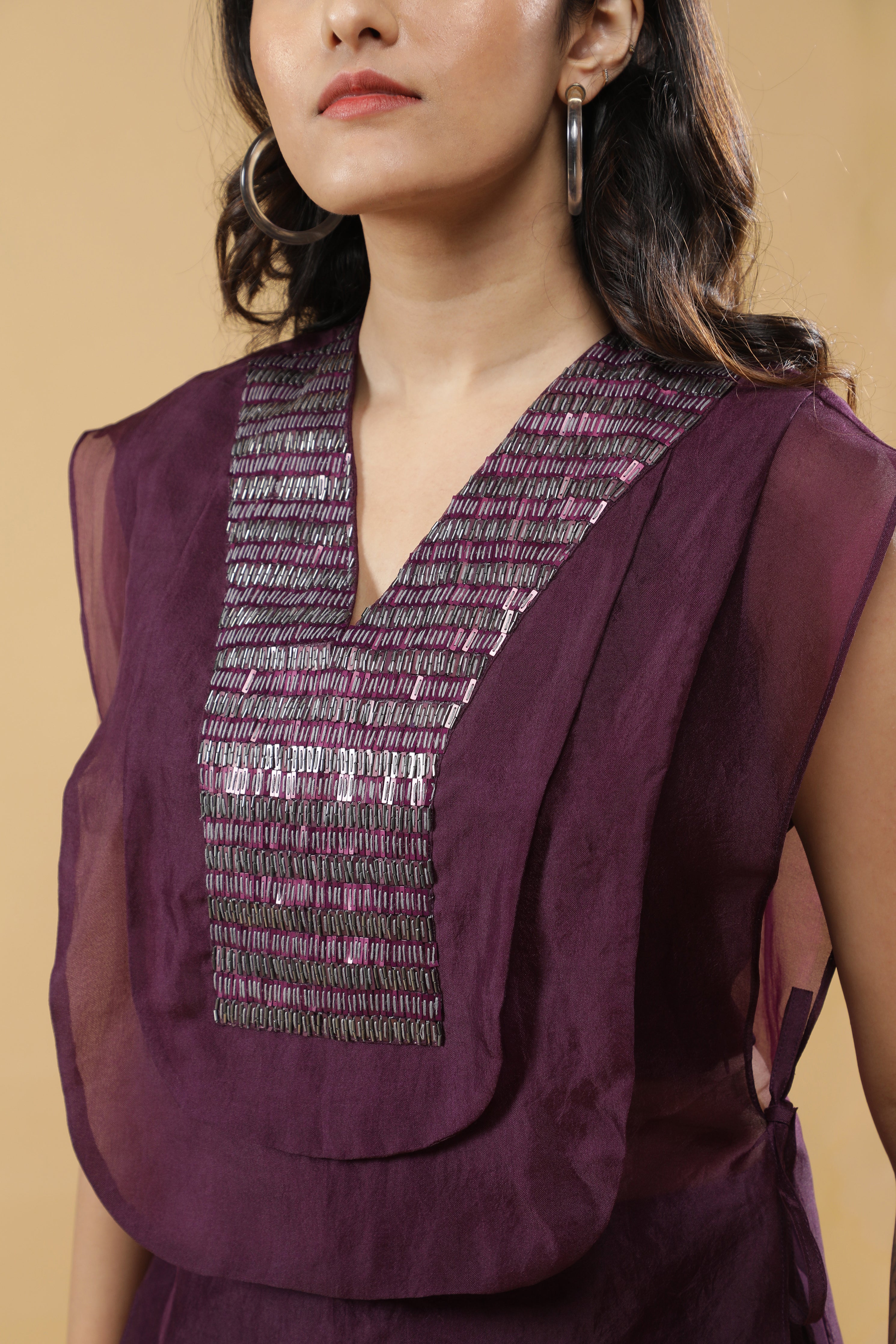 Wine Organza Indo-western Set