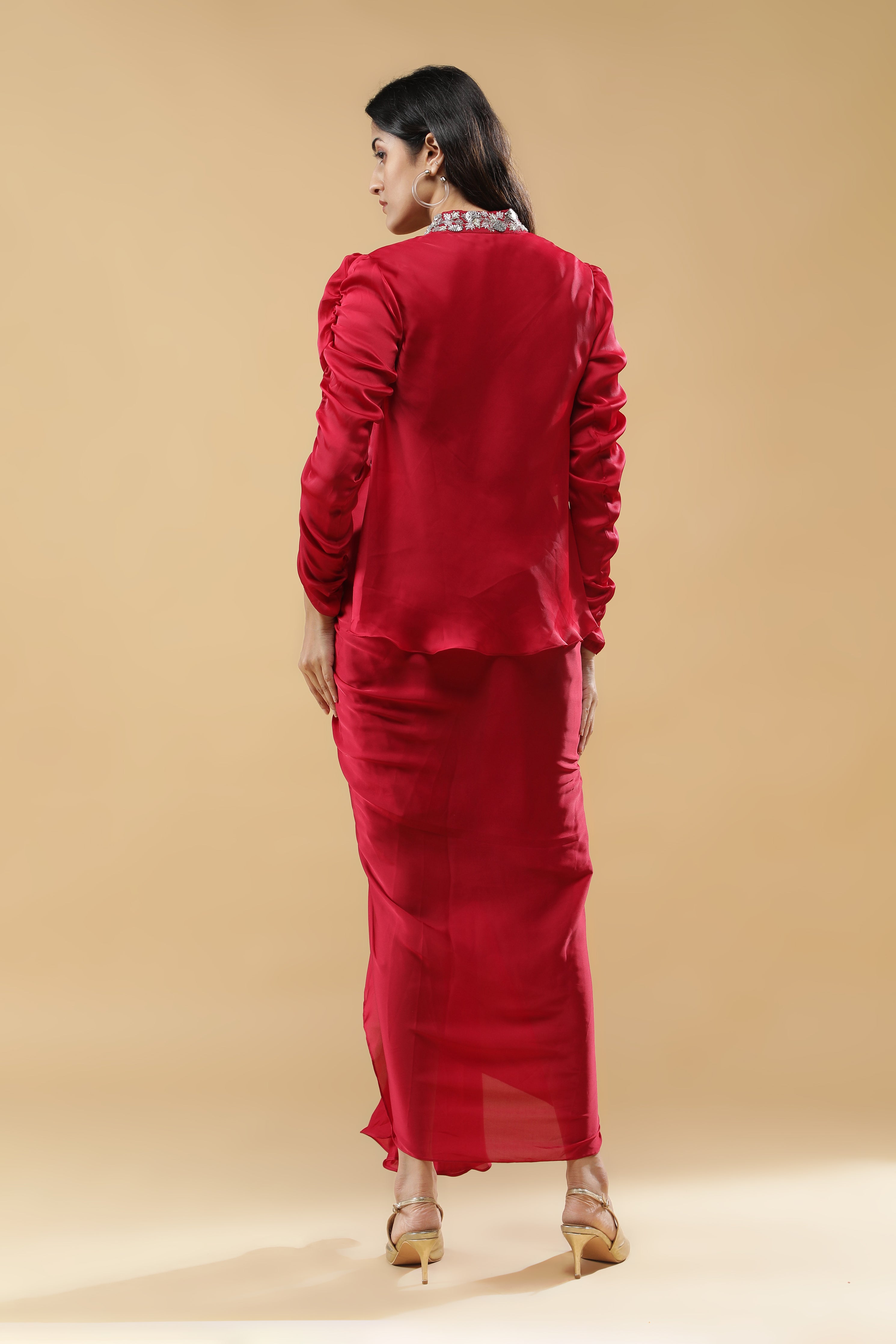 Red Satin Silk Indo-Western Drape Set