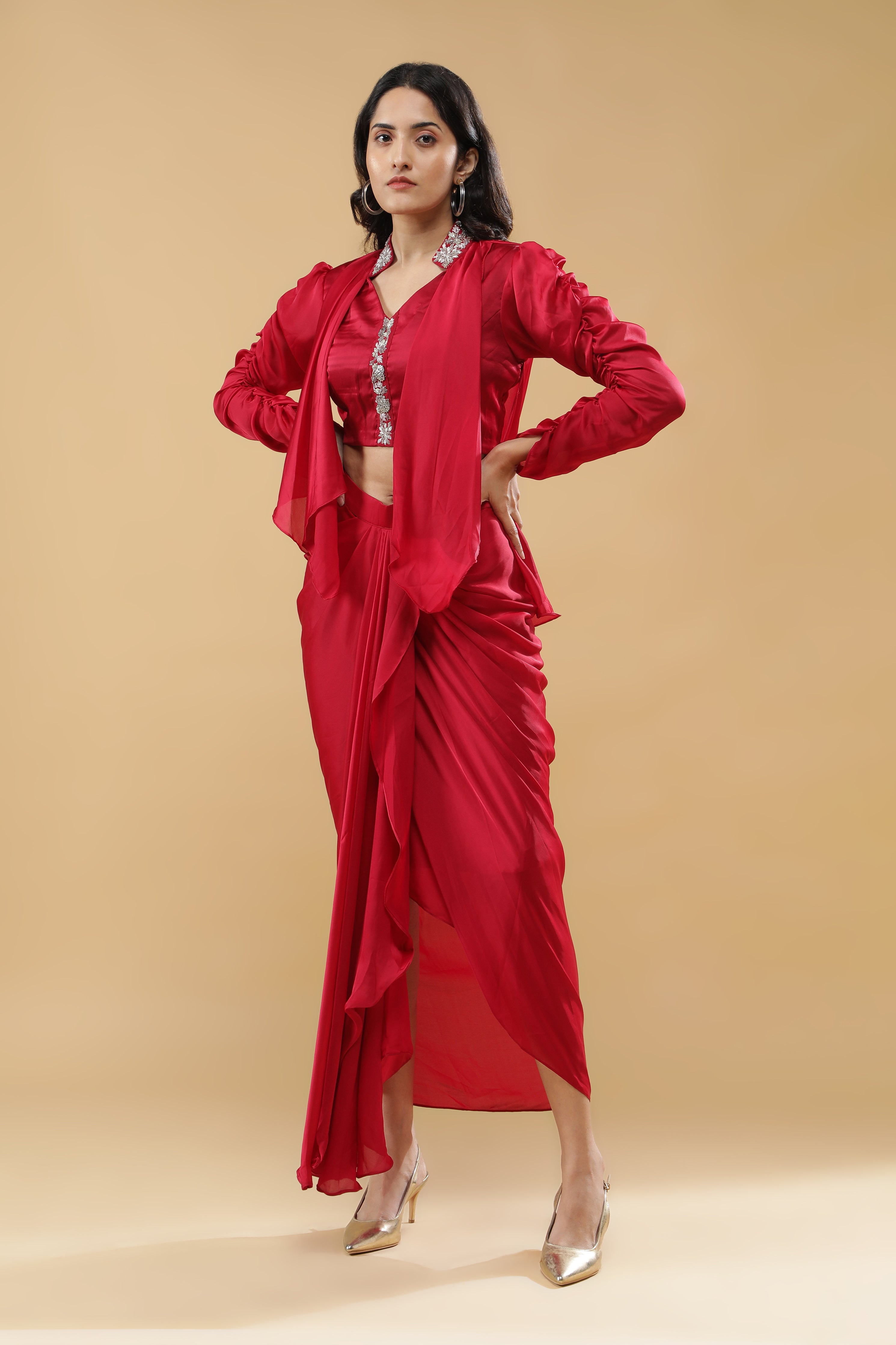 Red Satin Silk Indo-Western Drape Set