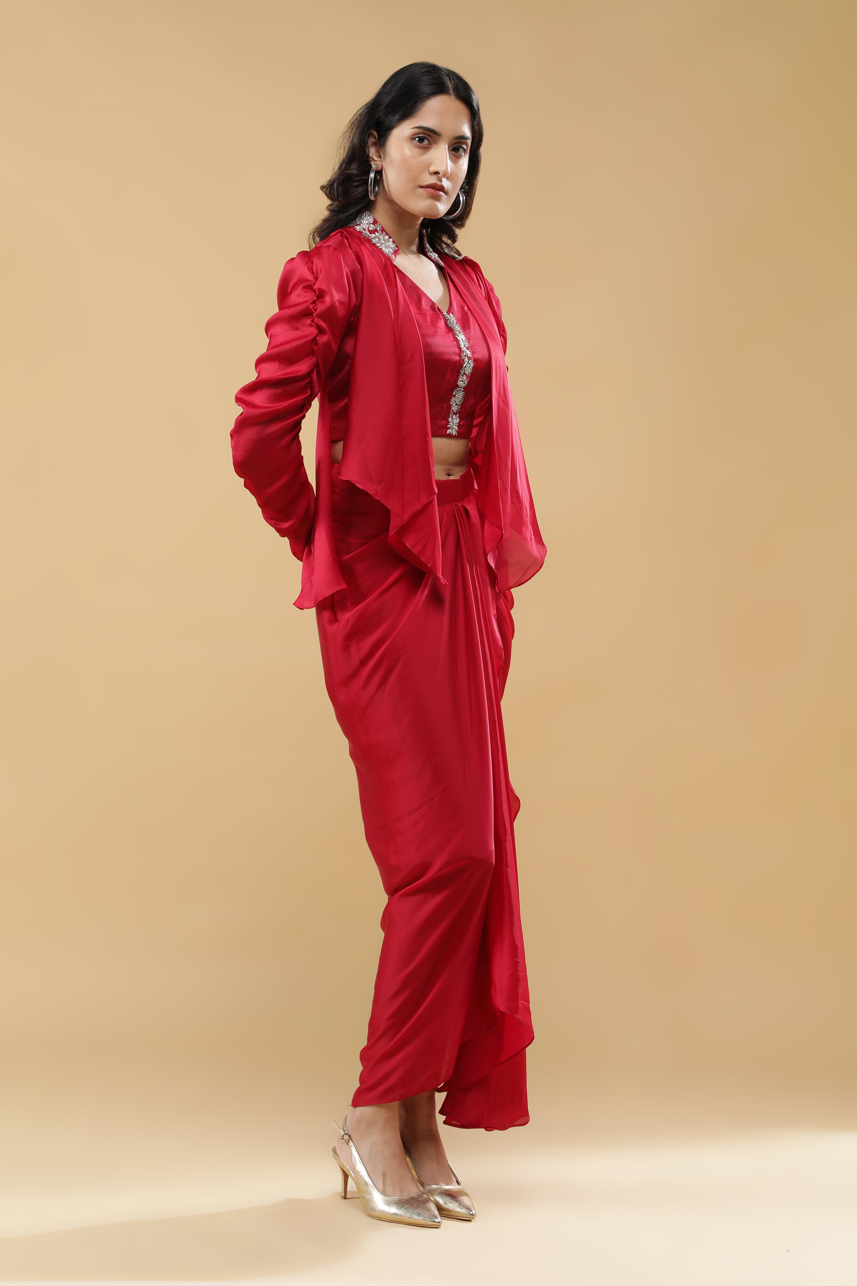 Red Satin Silk Indo-Western Drape Set