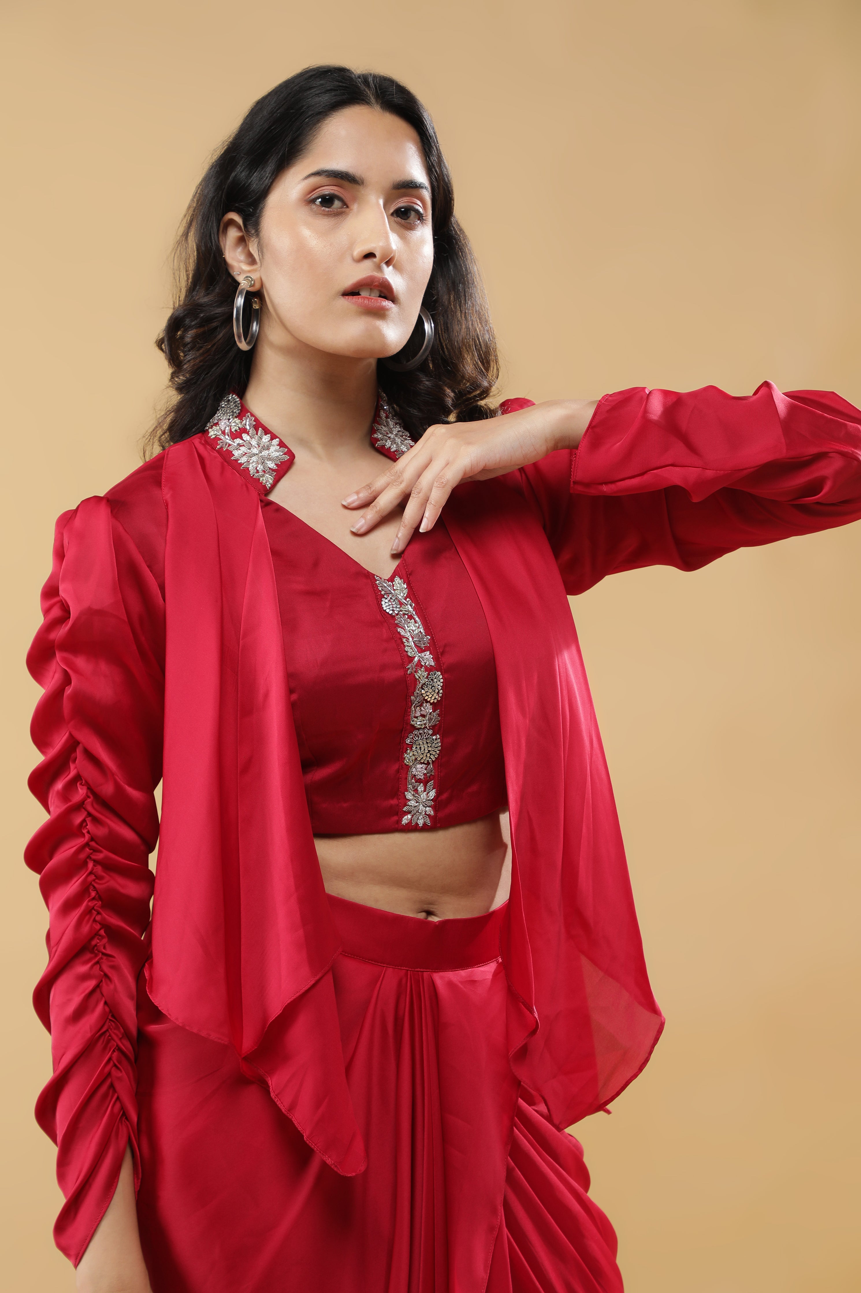 Red Satin Silk Indo-Western Drape Set