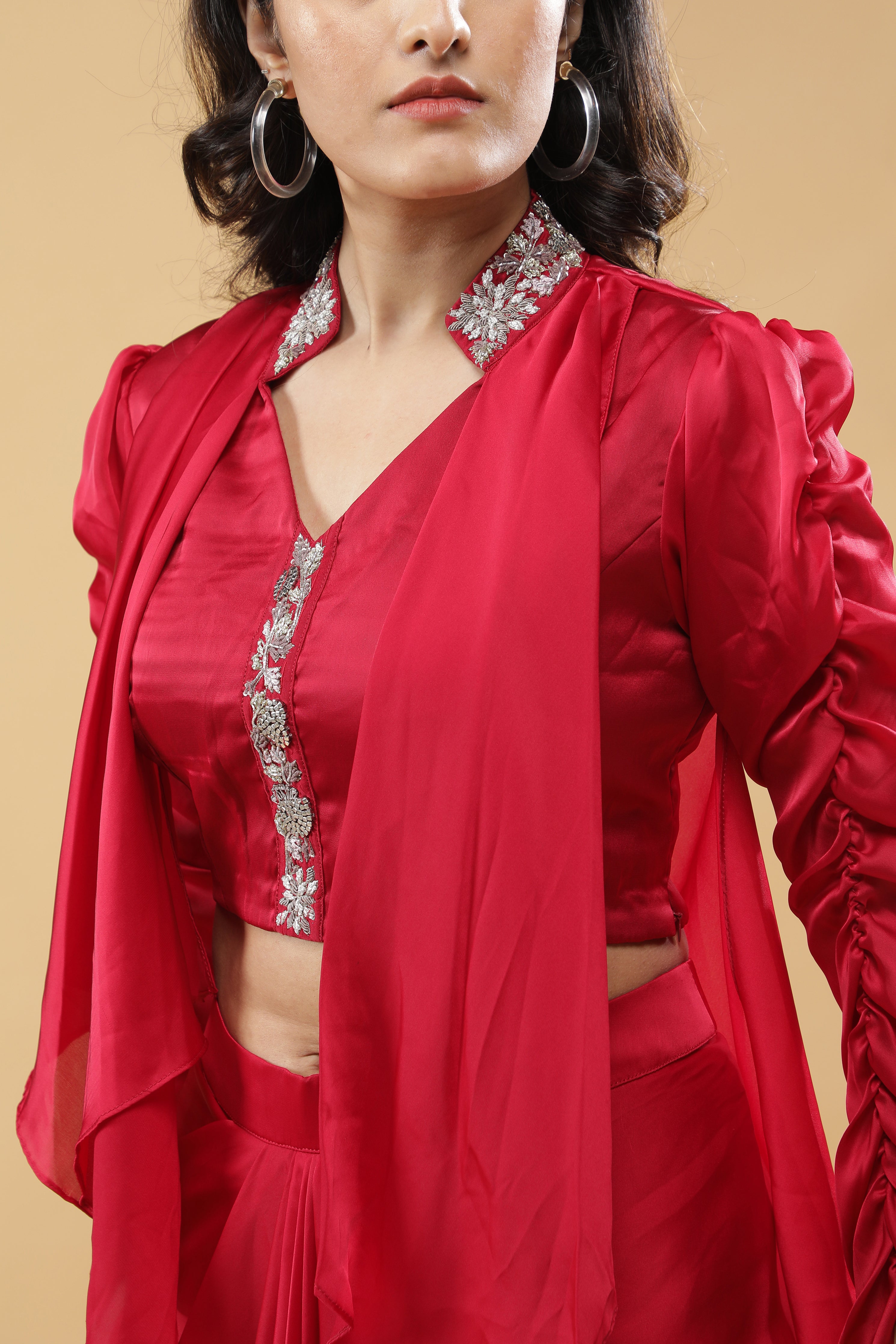Red Satin Silk Indo-Western Drape Set