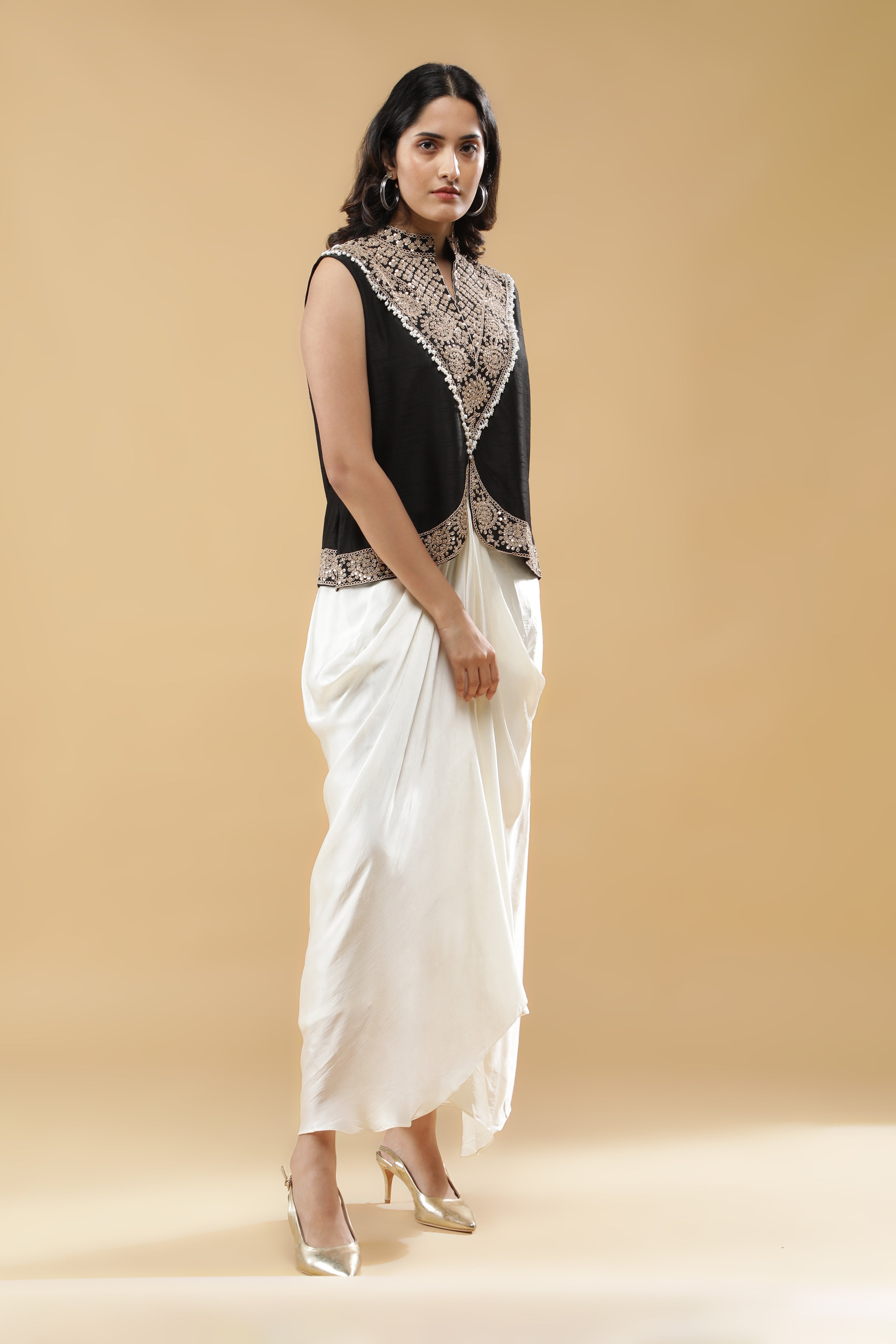 Black Silk Indo-Western Drape Set
