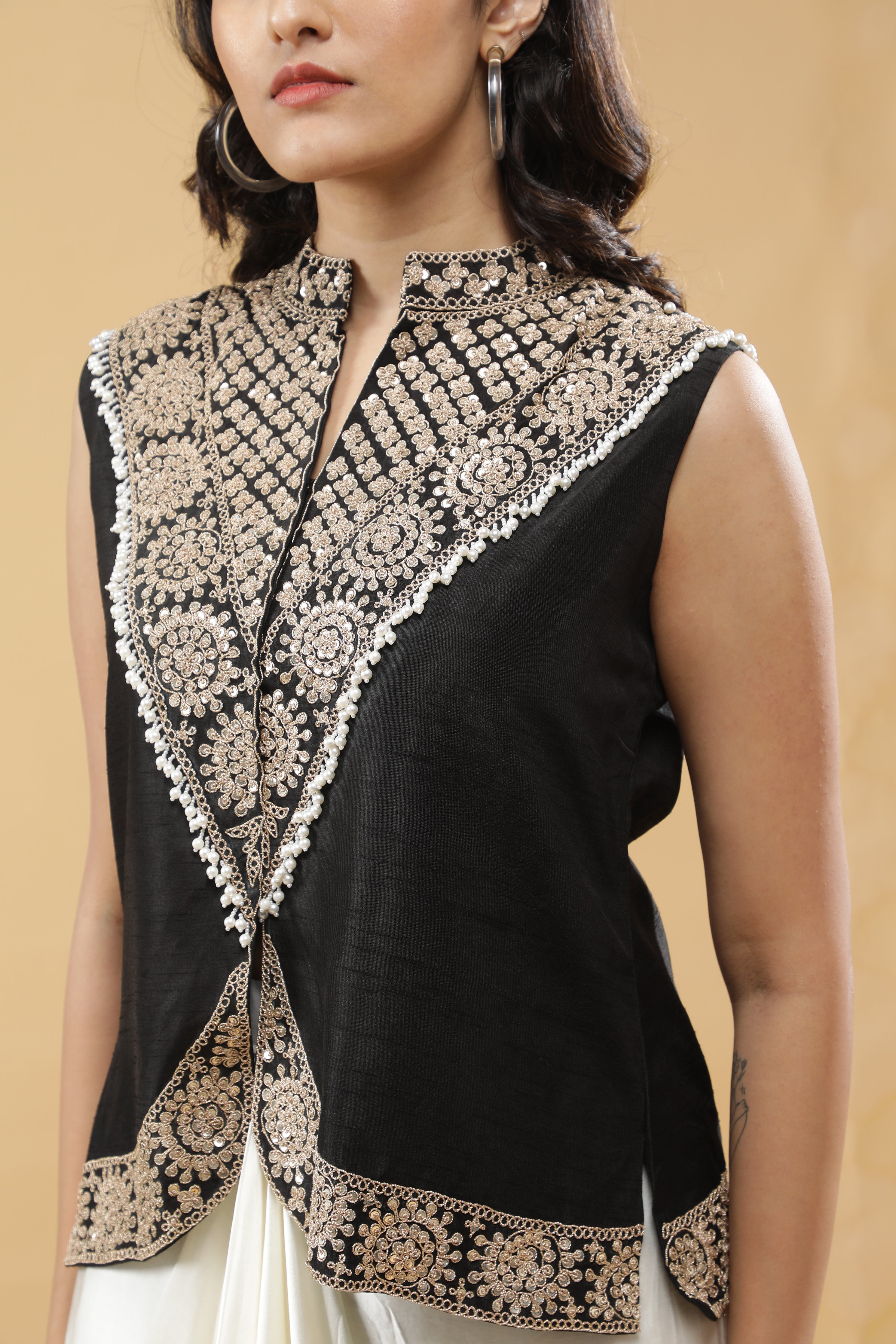 Black Silk Indo-Western Drape Set